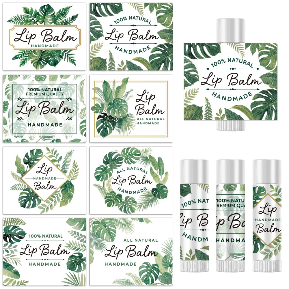 Peacoblue 160Pcs Lip Balm Labels Sticker for Tubes 2.1"x1.7" Tropical Plants With Monstera, 8 Styles Waterproof Chapstick Labels Glossy for Homemade Beauty and Personal Care peacoblue