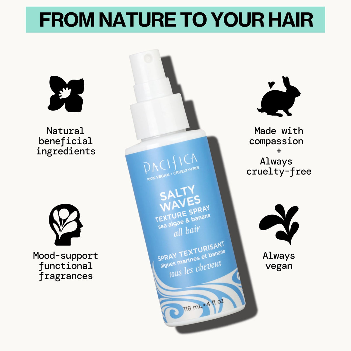 Pacifica Beauty, Salty Waves Texture Sea Salt Spray for Hair, Beachy Waves, Wavy Hair Products, Hydrating, Banana Scent, Curl Enhancing, Paraben Free Beauty & Personal Care Pacifica