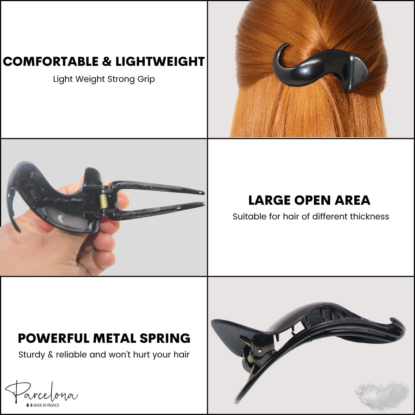 Parcelona French Crochet 3 ¼” Black Celluloid Non Slip Side Slide In Jaw Yoga Hair Claws for Fine Hair Women Hair Accessories Claw Clip for Girls Beauty & Personal Care Parcelona