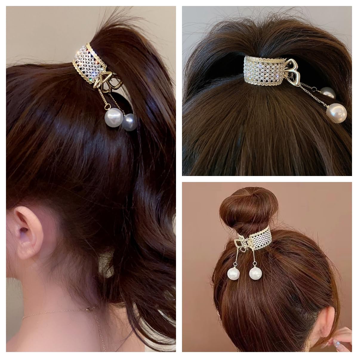 Textention Small Hair Claw Clips for High Ponytail, 2 Pieces Rhinestone Shark Hair Clips with Nonslip Mini Pearl Hair Clamps, Hair Clips Hairpins Hair Beauty & Personal Care Textention