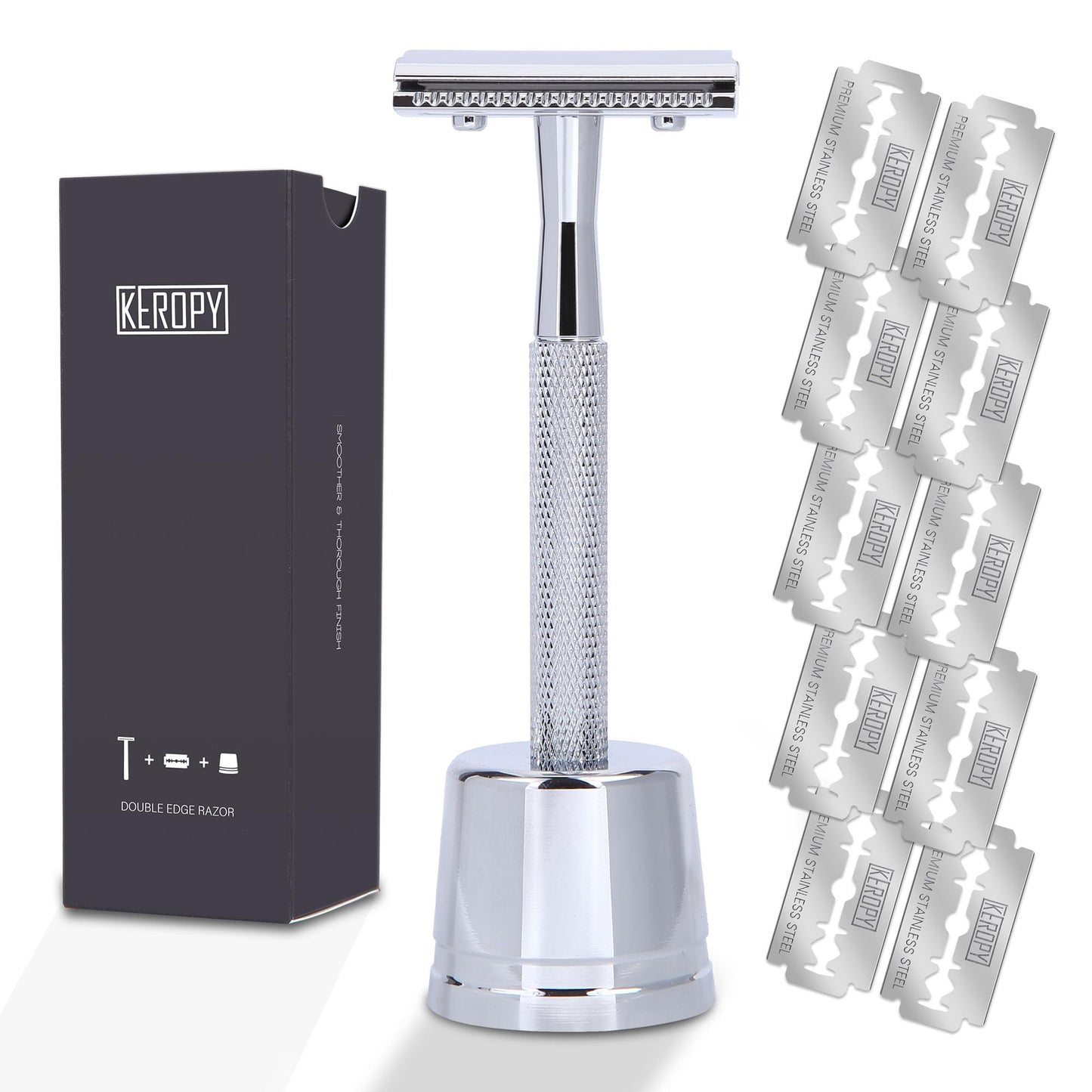 Keropy Aluminum Men Safety Razor with Stand and 10 Premium Stainless Steel Safety Razor Blades Reusable Safety Razor for Men and Women, Single Blade Beauty and Personal Care Keropy
