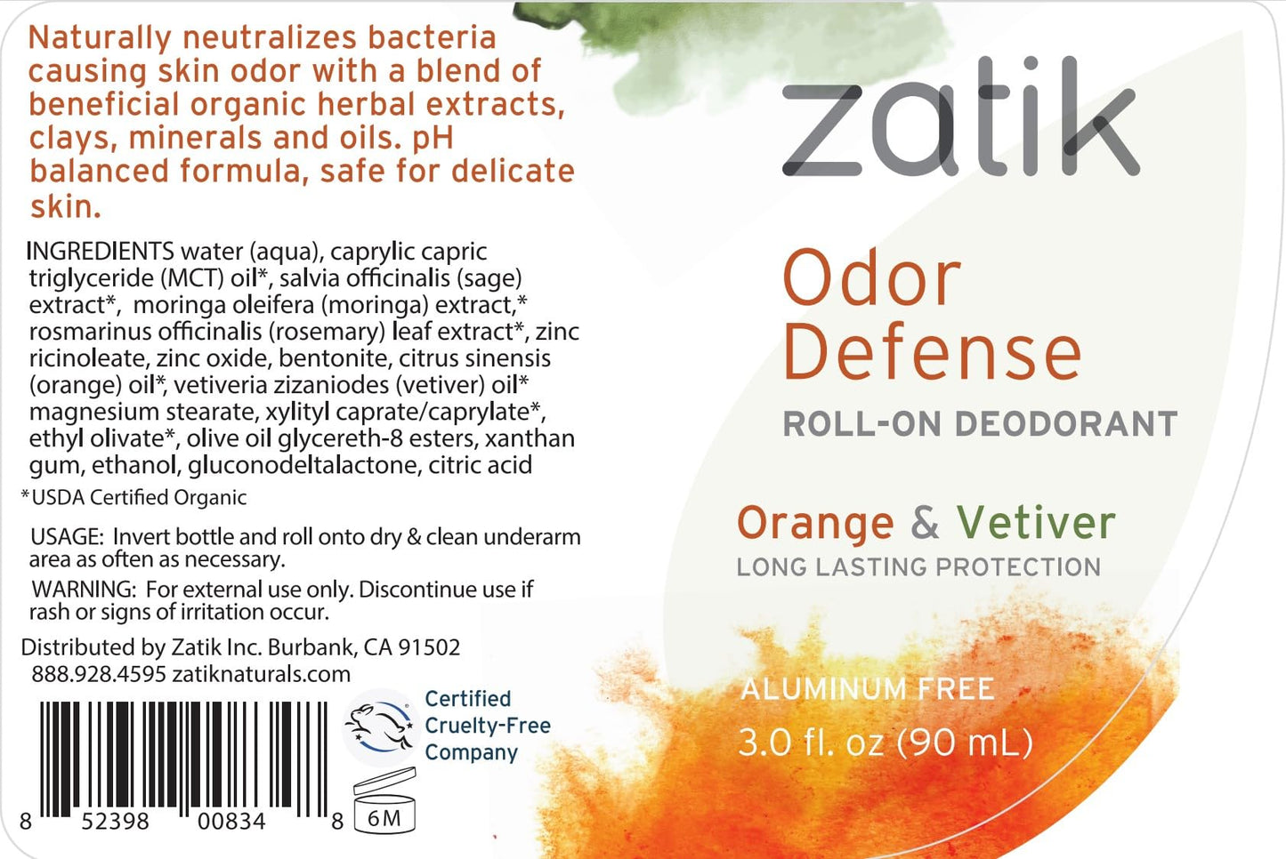 Zatik Naturals - Odor Defense Roll-on Deodorant, Orange and Vetiver, Cruelty-free Vegan, pH Balanced, Biodegradable, free from Aluminum Parabens non Beauty and Personal Care Zatik
