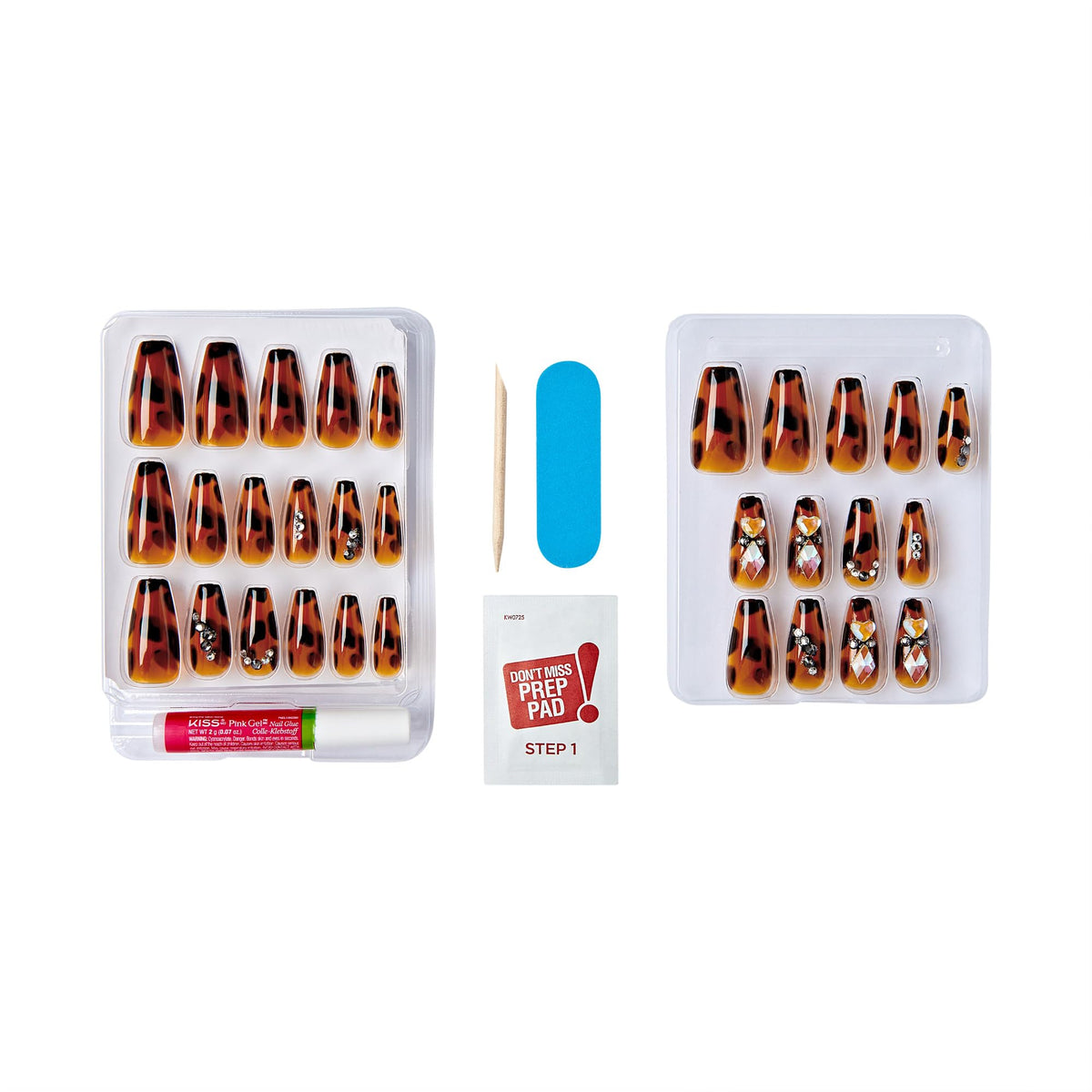 GoldFinger Premium Luxury False Nails Kit, Ready to Wear Leopard Nails, Manicure Stick and Glue Included, Long Coffin Shape with 3D Rhinestones