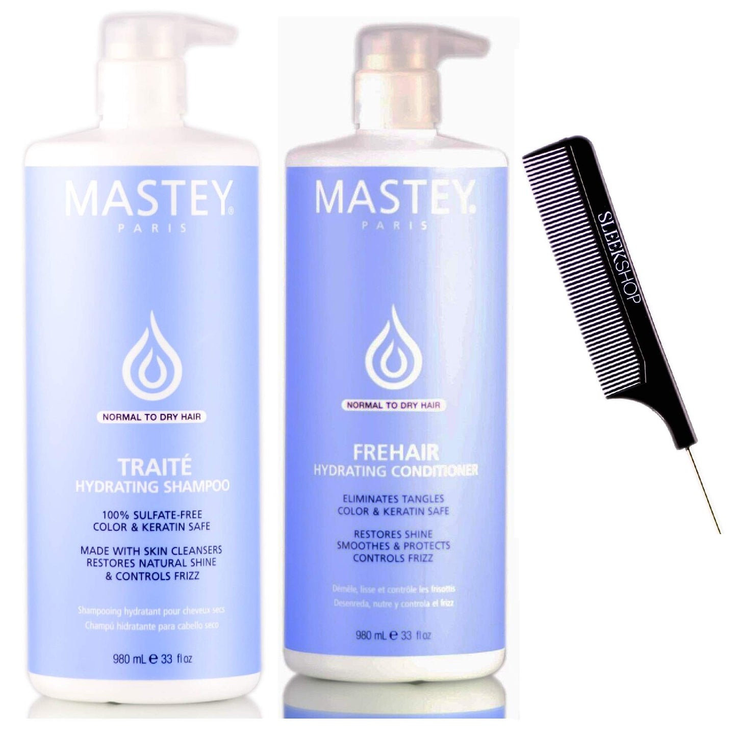 Mastey Paris TRAITE SHAMPOO & FREHAIR CONDITIONER, Sulfate-Free Cleanser & Detangler Duo Set, NORMAL TO DRY HAIR (w/Sleek Comb) (32 oz / 960 ml Beauty & Personal Care Mastey