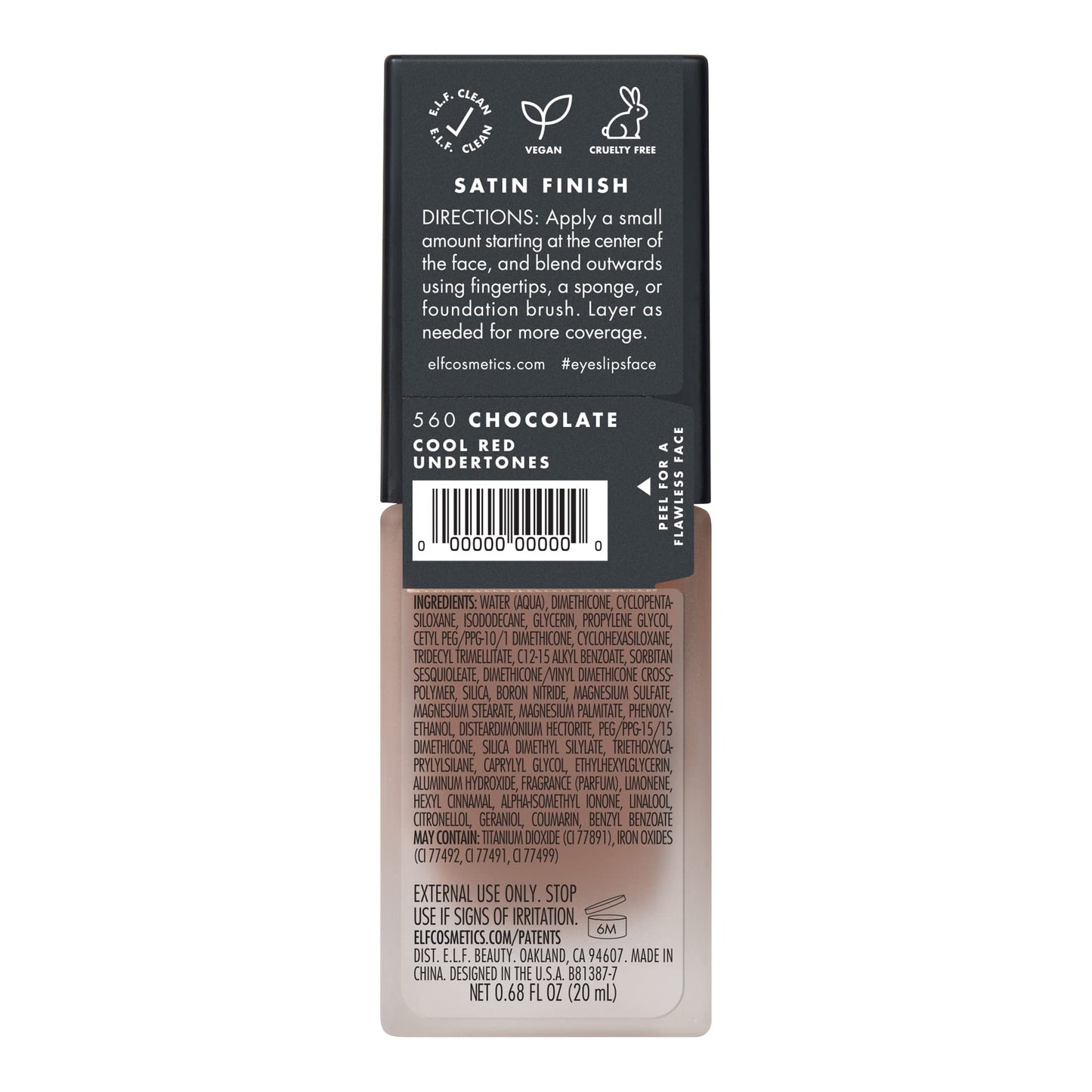 e.l.f. Flawless Satin Foundation, Lightweight & Medium Coverage, Semi-Matte Finish, Vegan , Chocolate, 0.68 Fl Oz (20mL) Beauty & Personal Care e.l.f.