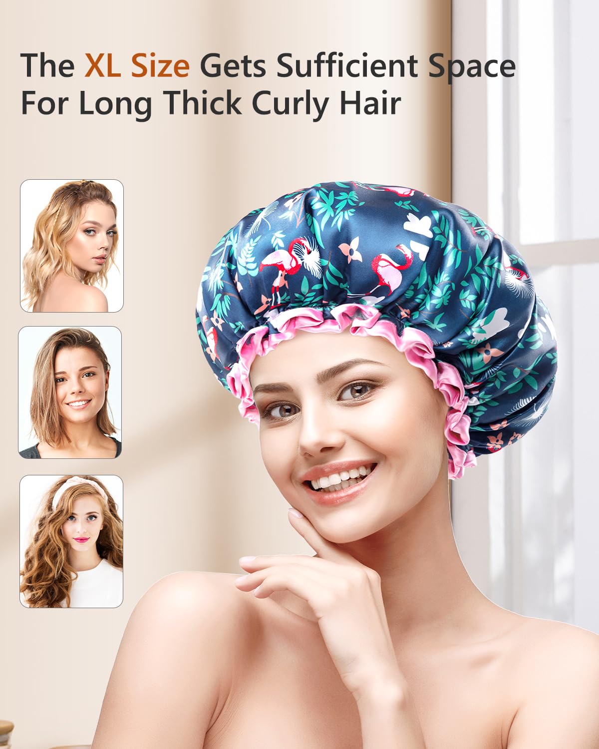 mikimini Large Shower Cap for Women Long Hair, 2 Pack,Flamingo Shower Caps with Pink Lace, Double-layer Waterproof, Reusable, Washable,X-Large (Pack Beauty & Personal Care mikimini