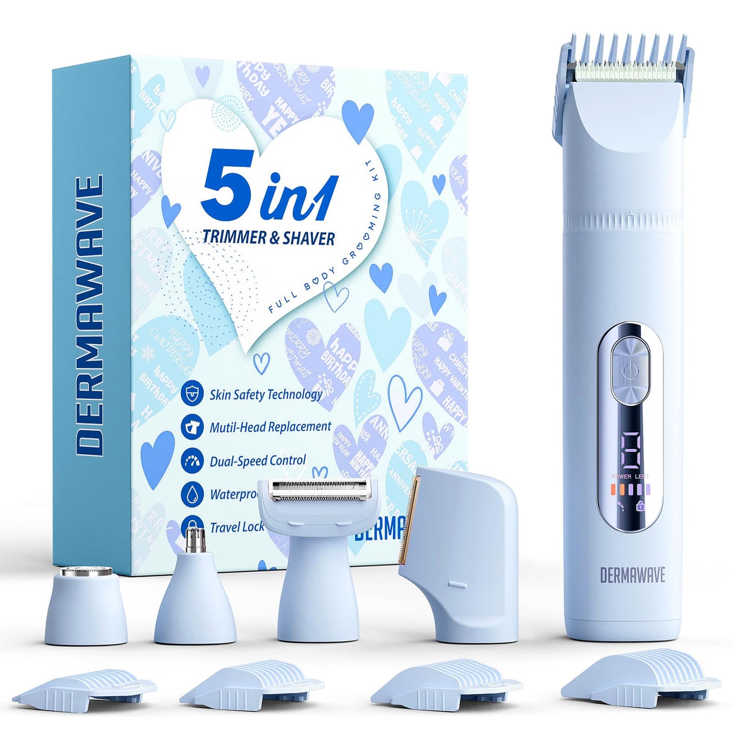 DERMAWAVE 5-in-1 Electric Bikini Trimmer for Women Pubic Hair, Waterproof Electric Razor Foil Shaver Hair Trimmer Epilator for Face, Nose, Ear, Bikini Beauty and Personal Care DERMAWAVE