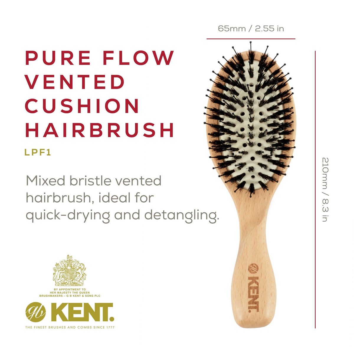 Kent LPF1 Pure Flow Oval Cushion Vented Hair Brush, FSC Certified Beech Wood Paddle Brush filled with Natural Boar Bristle and Nylon Bristle for