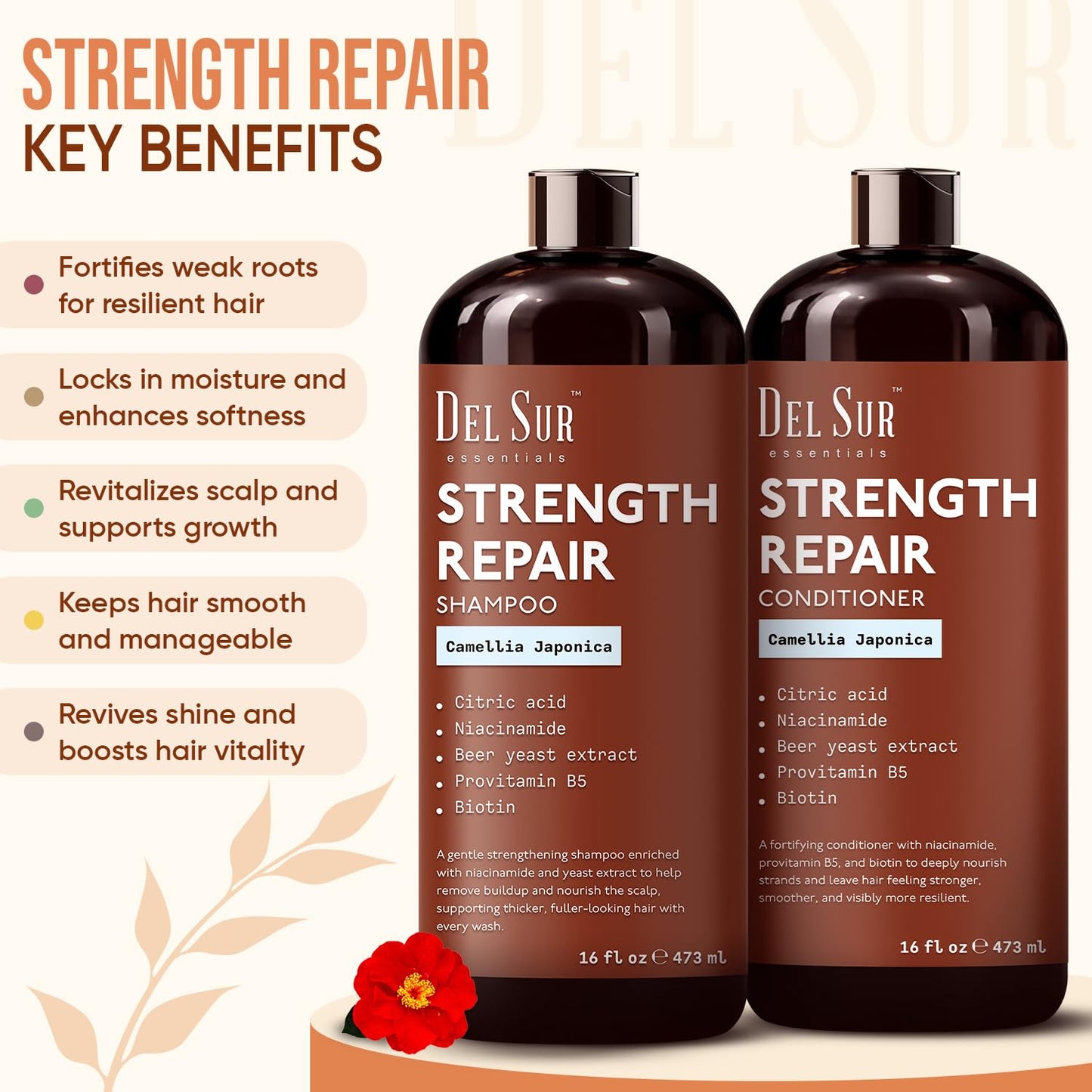 DEL SUR Hair Strengthening Shampoo and Conditioner Set | 16 fl oz Each | with Camellia Japonica, Niacinamide, Provitamin B5 & Biotin | Repair Beauty & Personal Care DEL SUR
