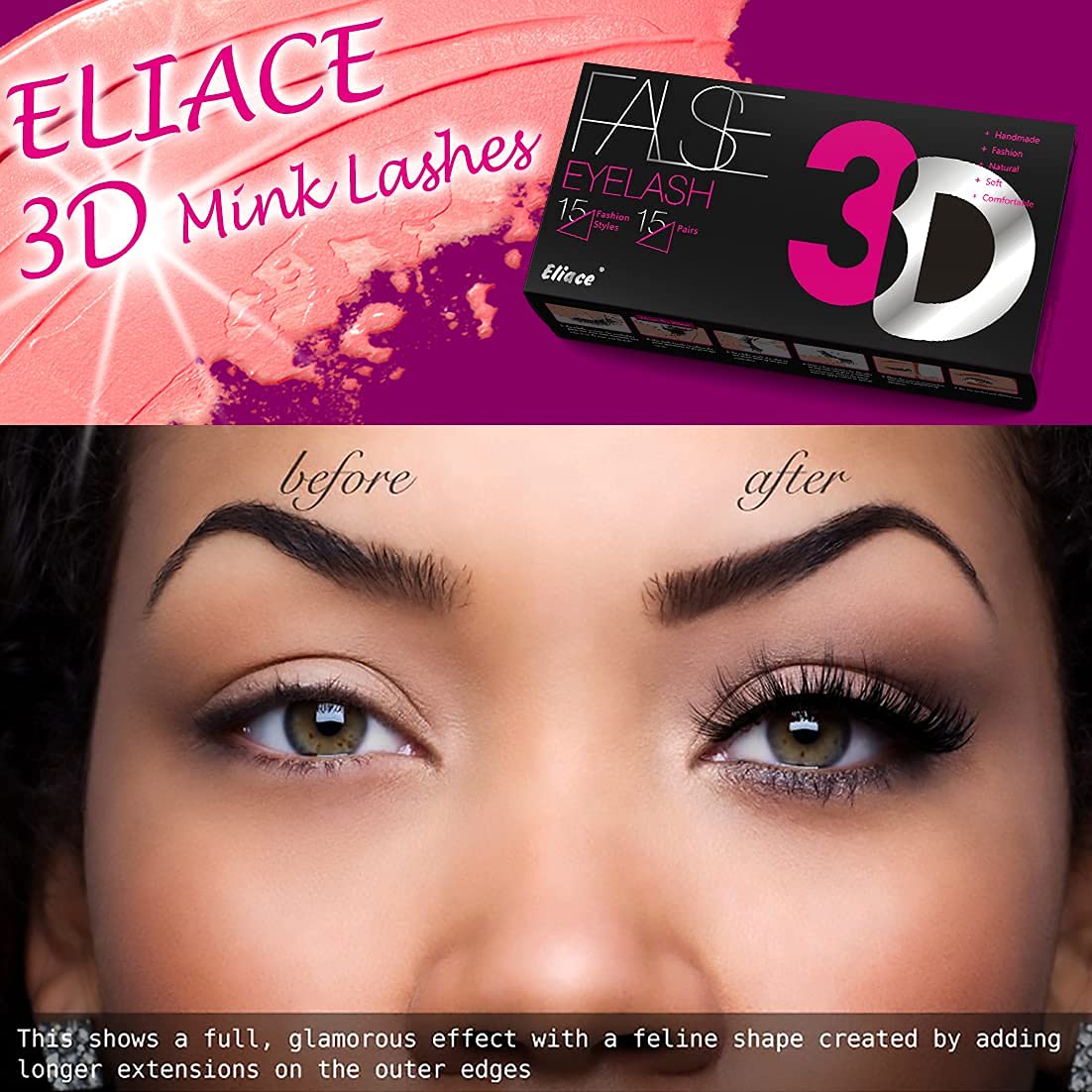 Eliace 3D Mink Lashes Natural Look 15 Mixed Styles 15 Pairs Fake Eyelashes Bulk Pack Handmade Luxurious Volume Fluffy Natural False Eyelashes Beauty & Personal Care Eliace
