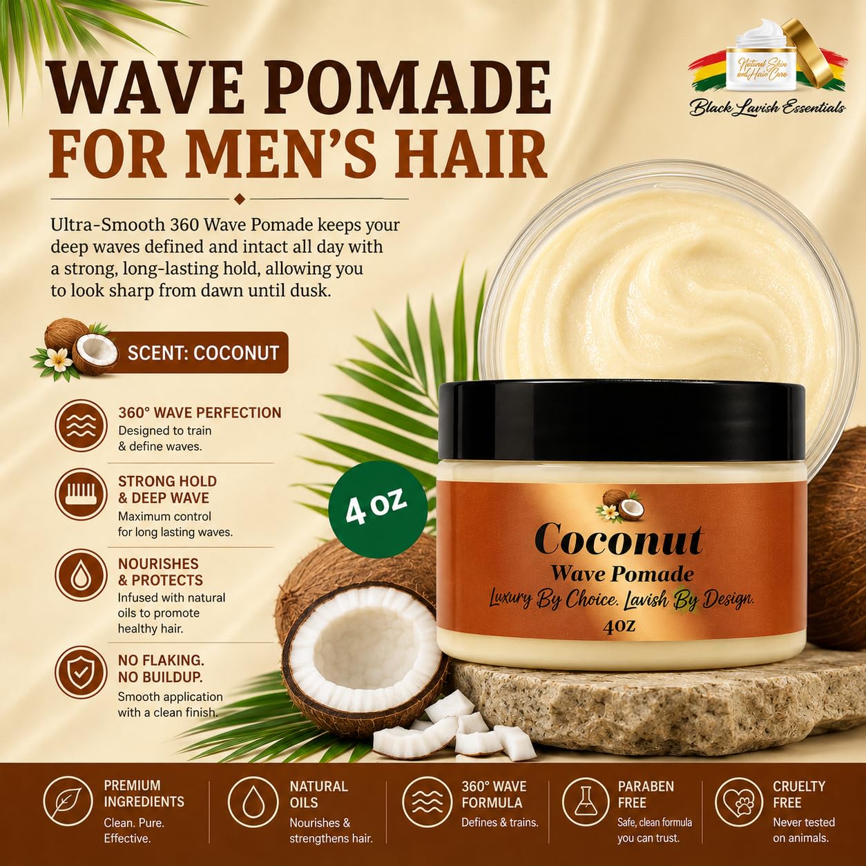 Black Lavish Essentials Ultra-Smooth 360 Wave Pomade, 4oz Coconut Hair Butter, Strong Hold Non-Greasy Hair Styling Cream for Deep Waves, Shea Beauty & Personal Care Black Lavish Essentials