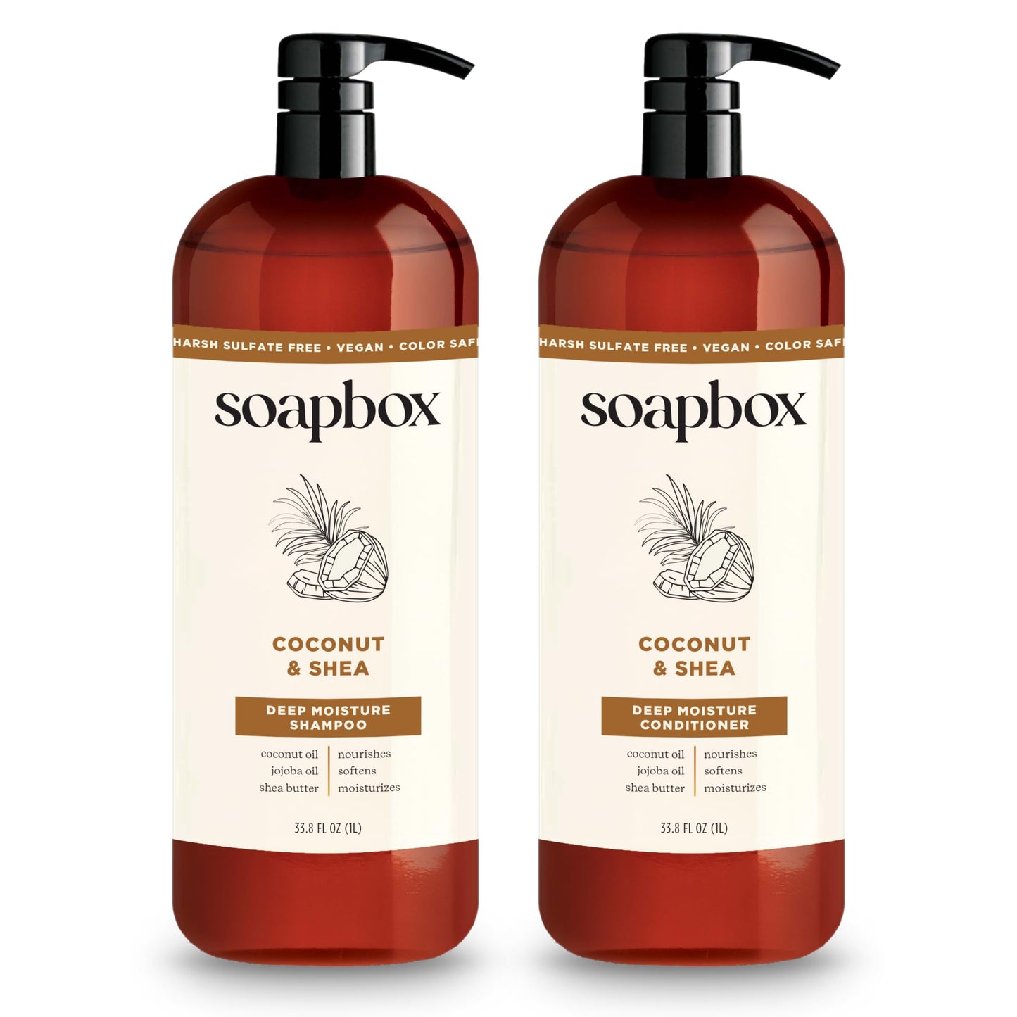 Soapbox Shampoo and Conditioner Set with Coconut Oil, Jojoba Oil, Aloe and Shea Butter to Moisturize and Nourish for All Hair Types, 1 Liter Each Beauty & Personal Care Soapbox