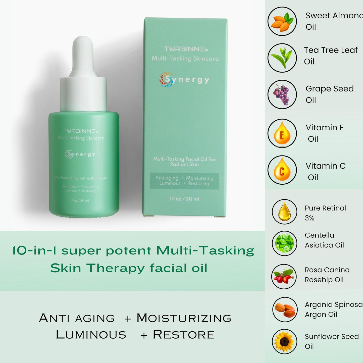 Turbinne 10 Facial Oil Blend - Anti-Aging Face Oil with 3% Retinol & 30% Vitamin C, Hydrate, Wrinkle Reduction, Fades Dark Spots, Fast-Absorbing Beauty & Personal Care TURBINNE