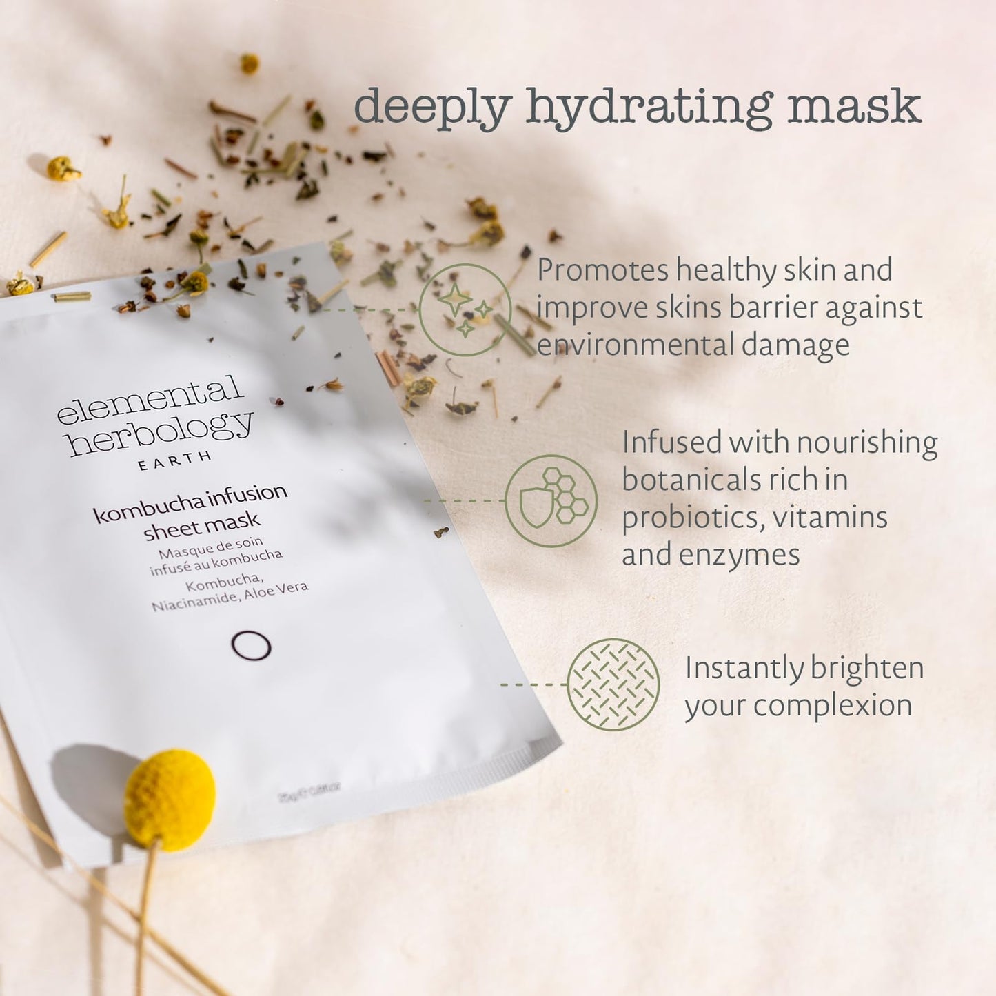 Elemental Herbology Kombucha Infusion Sheet Mask, 1 Mask- Radiance-Boosting, Face Sheet Mask with Probiotics, Niacinamide & Aloe Vera - Brightens Beauty & Personal Care Elemental Herbology