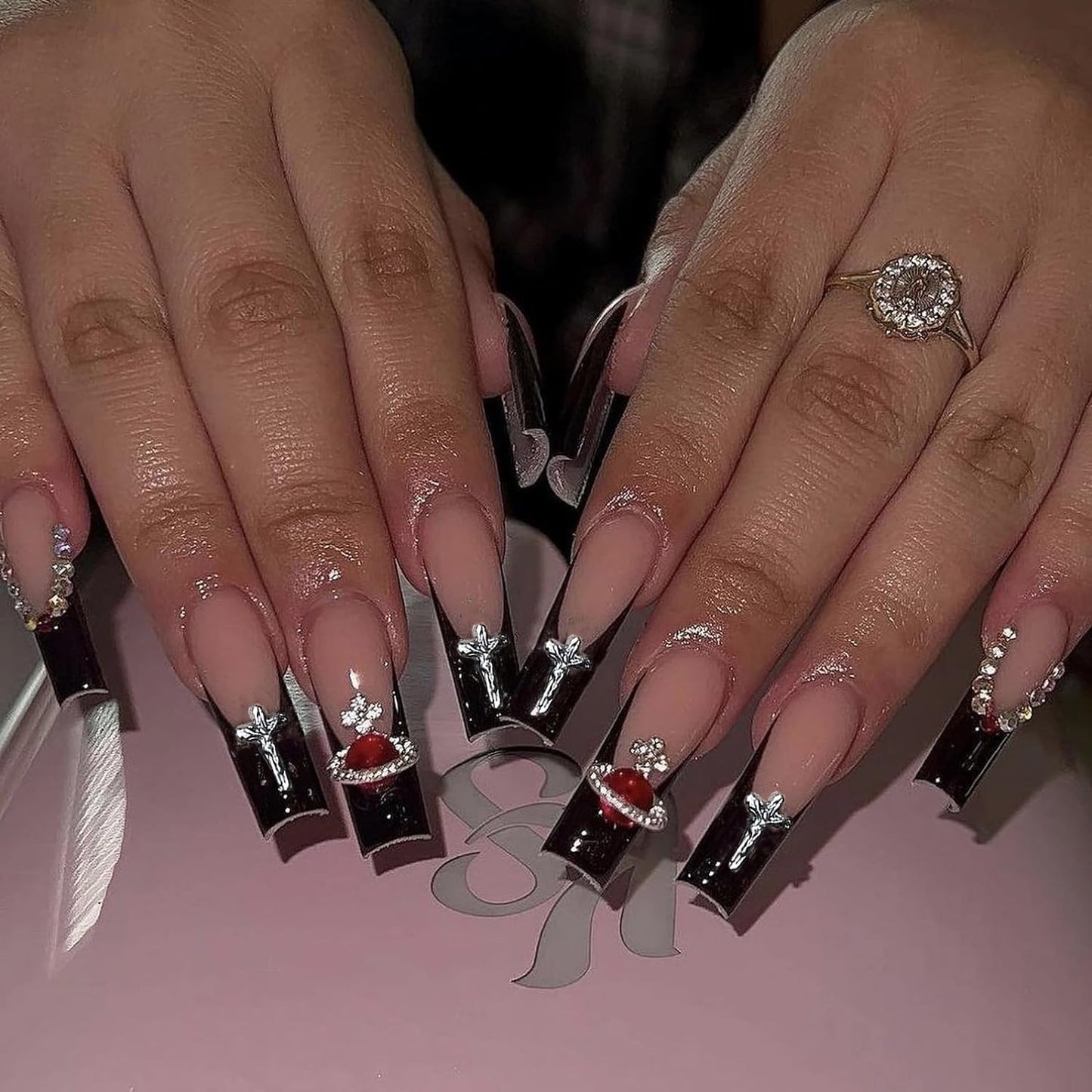 MISUD Press on Nails - Long Coffin Glue on Nails with Goth Black, Acrylic Gothic Cross Design 24 pcs Beauty & Personal Care MISUD