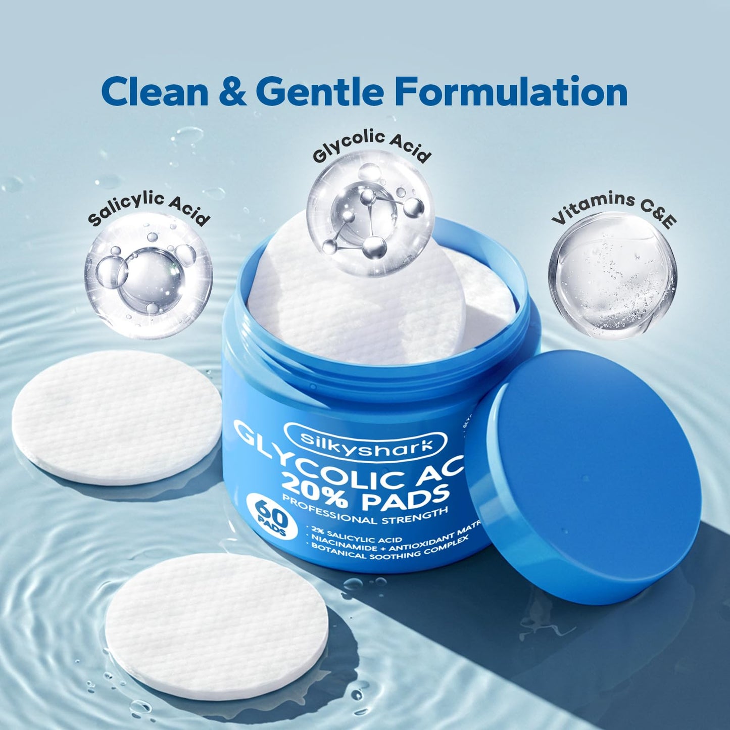 SilkyShark Glycolic Acid 20% Resurfacing Pads (60 Count), 20% Ultra Pure Glycolic Acid + 2% Salicylic Acid, Exfoliating Peel Pads for Face & Body Beauty & Personal Care SilkyShark