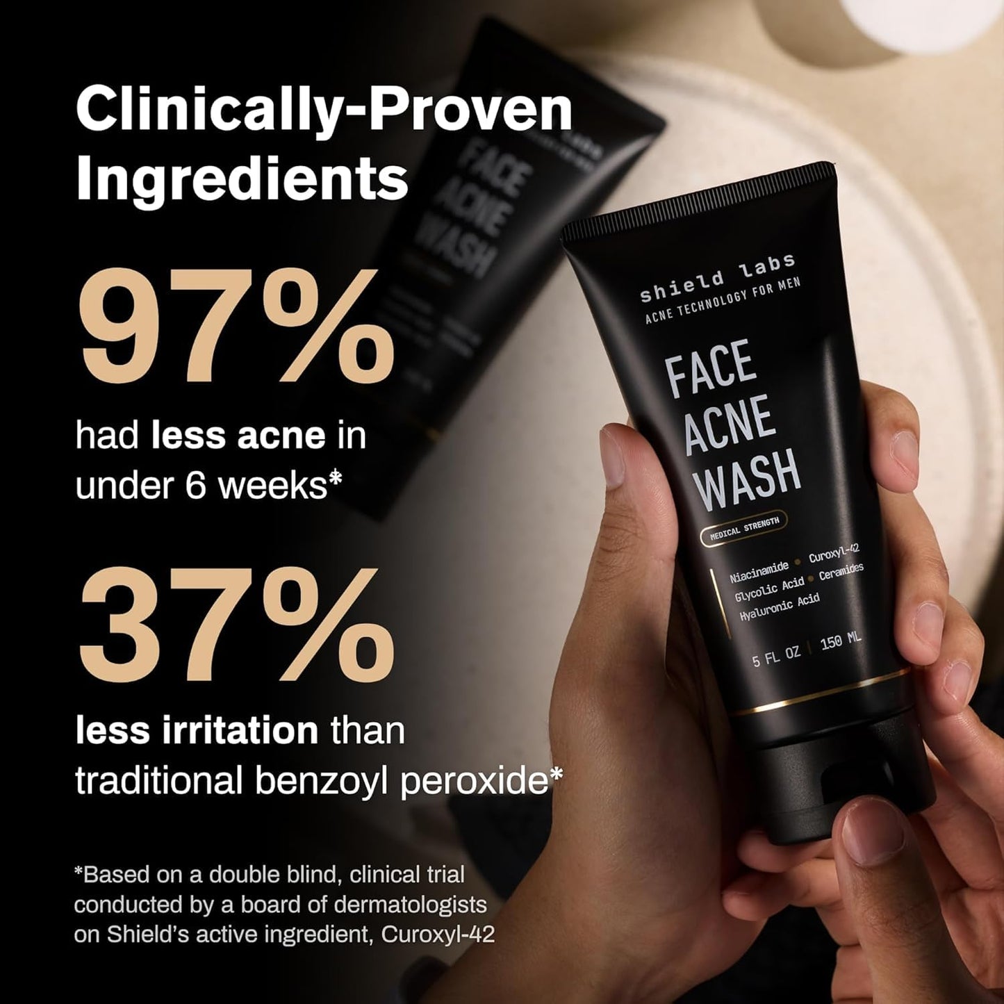 Shield Face Acne Wash for Men and Boys, Curoxyl-42 Face Wash to Clear, Treat, and Prevent Acne, Gentle formula with Niacinamide, Hyaluronic Acid, Beauty and Personal Care Shield