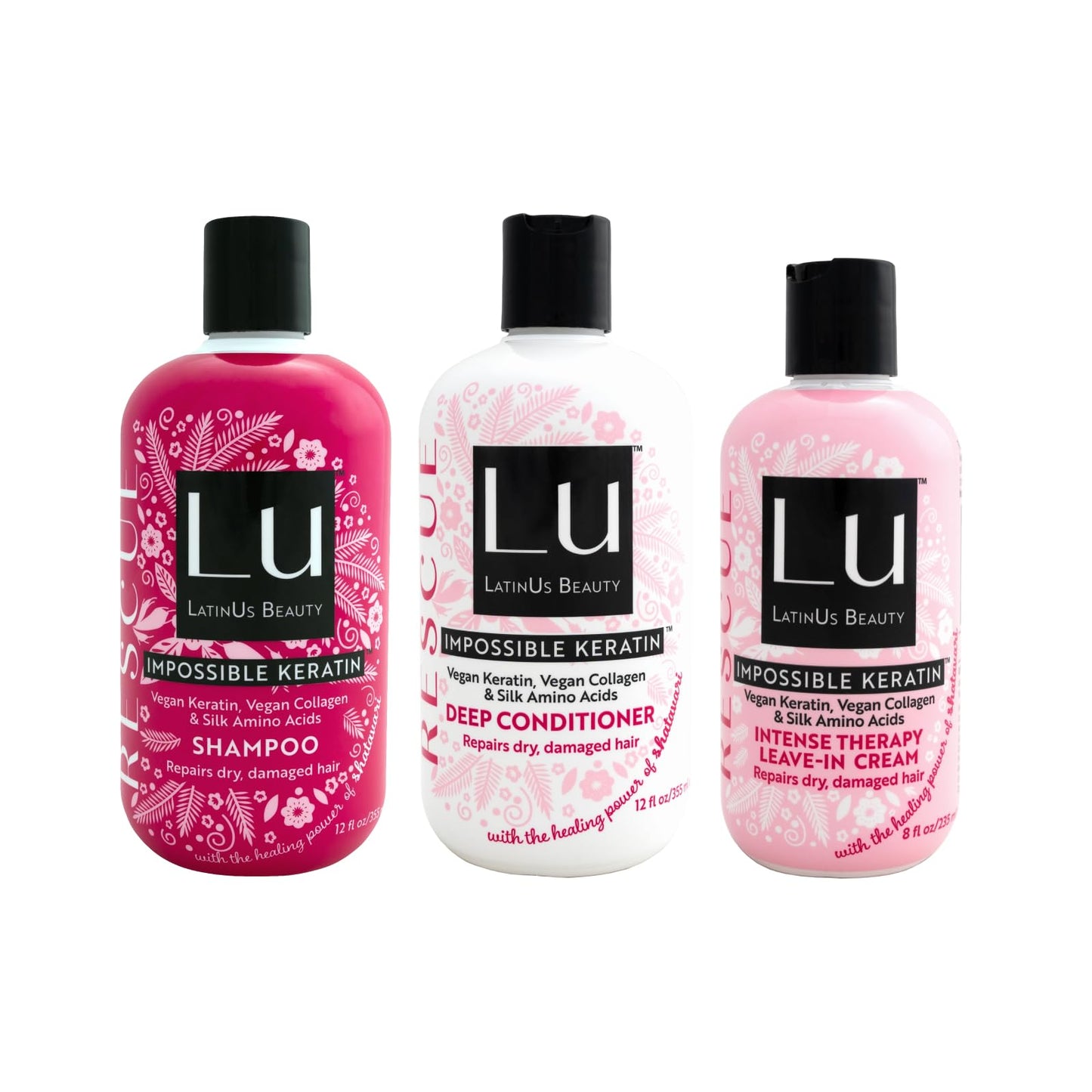 LATINUS BEAUTY RESCUE Collection, Impossible Keratin Anti-Frizz Shampoo (12 oz) + Conditioner (12 oz) + Leave-In Cream (8 oz) for Dry, Damaged Hair Beauty & Personal Care LATINUS BEAUTY