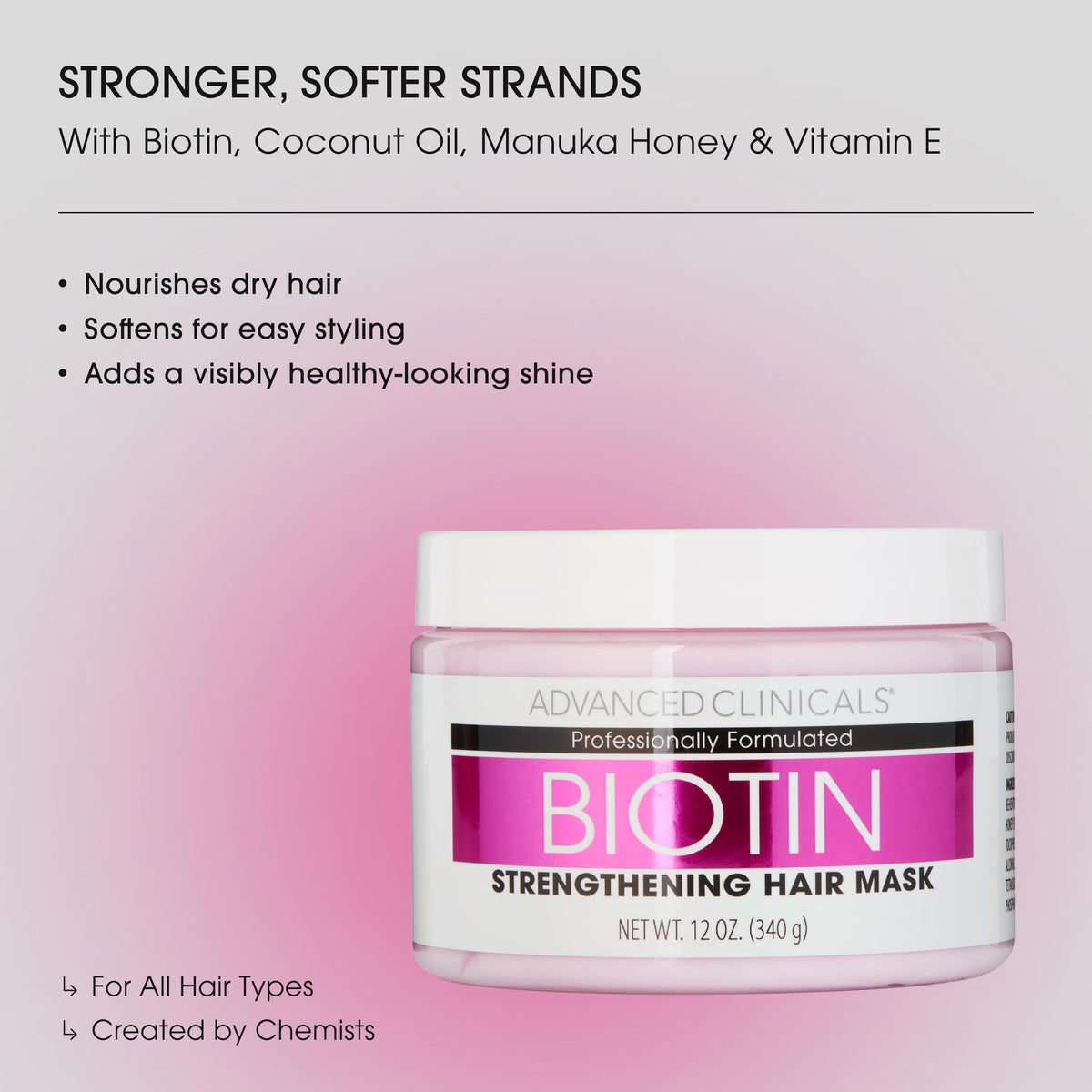 Advanced Clinicals Biotin Hair Treatment Anti-Breakage Repair Hair Mask. Strengthen Broken, Color-Treated Hair W/Repairing Deep Conditioner Manuka