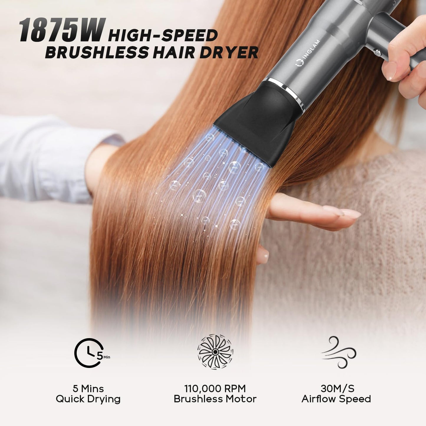 Blow Dryer with Diffuser, IG INGLAM Professional Hair Dryer 110,000RPM Brushless Motor High Speed Low Noise, 3 Heat Settings & 3 Speed & Cold Beauty & Personal Care IG INGLAM