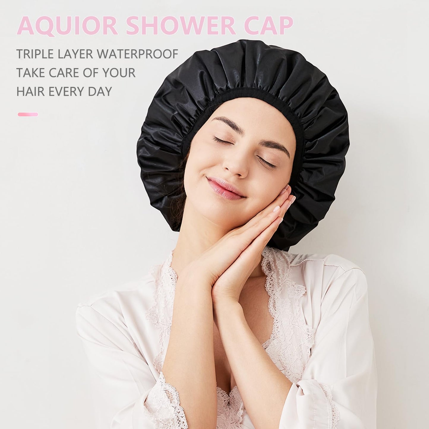 Aquior Shower Cap,Terry Lined Shower Cap for Women Reusable, Triple Layer Waterproof Bath Cap, Extra Large for Women Long Hair(Black) Beauty & Personal Care Aquior