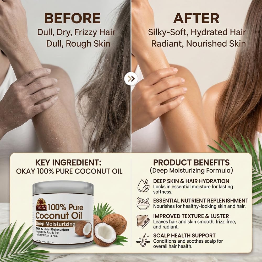OKAY 100% Pure Coconut Oil for Hair & Skin - Coconut Oil for Women & Men, Perfect for Hair & body, Natural Massage Oil & Moisturizer - 6 fl oz Jar Beauty & Personal Care OKAY