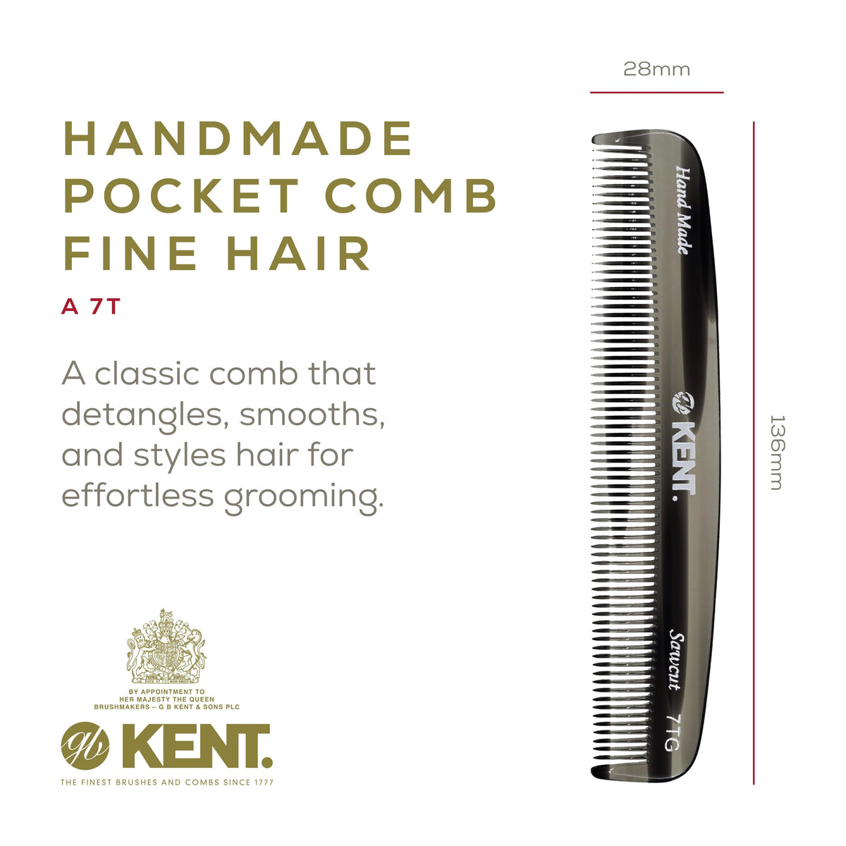 Kent 7T Black Graphite All Fine Tooth Pocket Comb for Men - Handmade Hair Comb for Men for Everyday Grooming and Styling - Travel Comb for Hair Care,