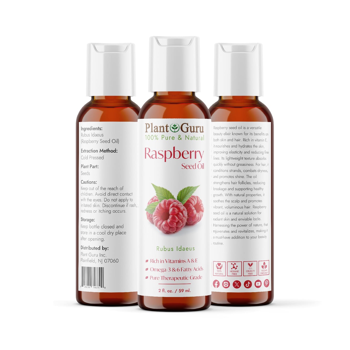 Plant Guru Red Raspberry Seed Oil 2 fl. oz. Cold Pressed Unrefined 100% Pure & Natural Carrier - Ideal for Skin, Face, Body, and Hair Moisturizer Beauty & Personal Care Plant Guru