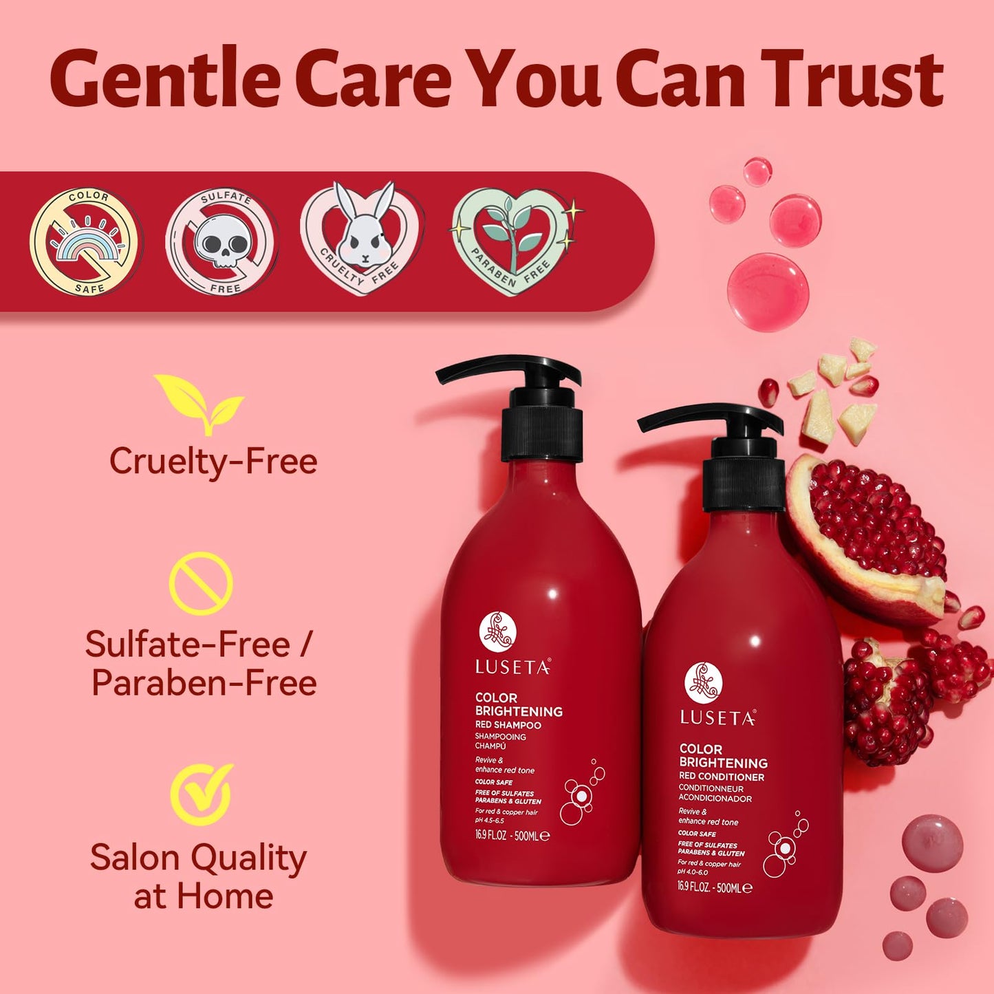 Color Treated Red Hair Shampoo and Conditioner Set with Pomegranate Extract for Copper Brightening and Strengthening, for Women and Men, 16.8oz*2 Beauty & Personal Care L LUSETA