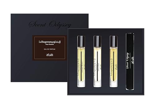 Rasasi Scent Odyssey - La Yuqawam for Men - 3 Pc Gift Set 0.25oz LaYuqawam Pour Homme EDP Spray, 0.25oz Ambergris Showers EDP Spray, 0.25oz Tobacco Beauty & Personal Care RASASI