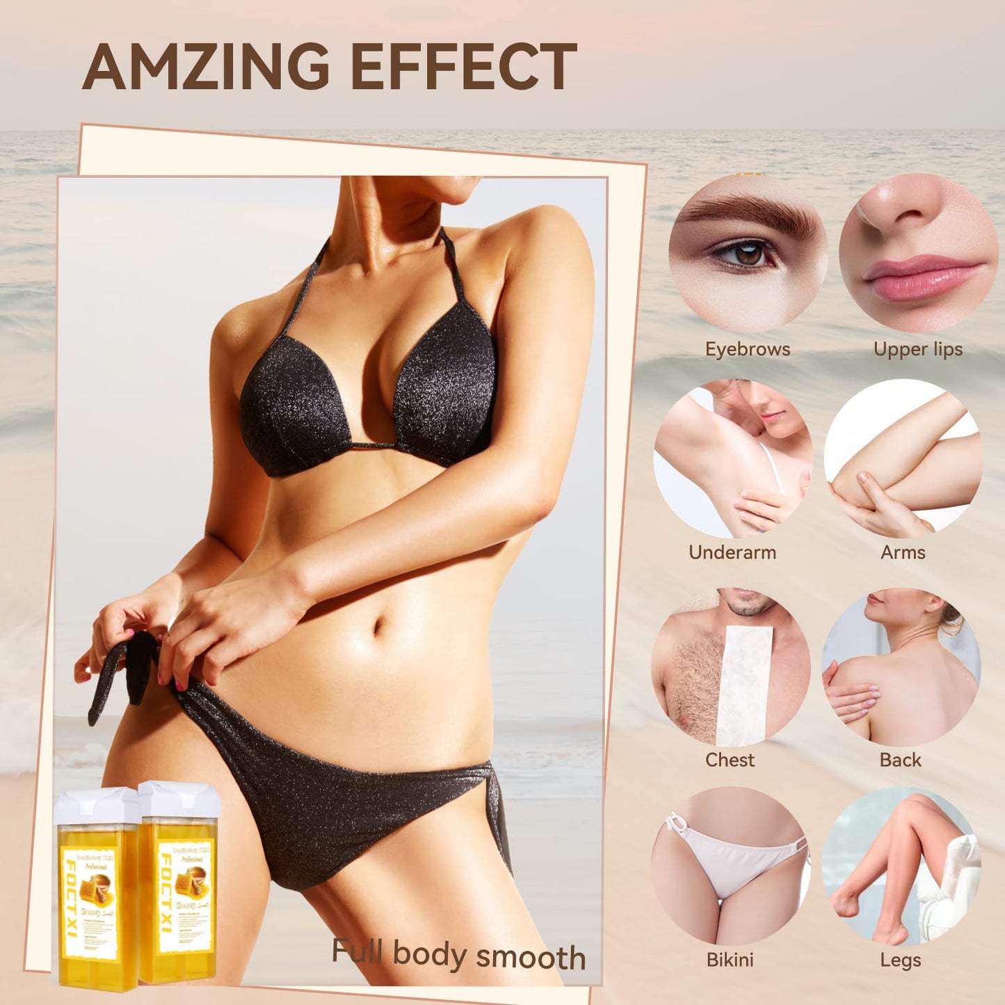 FOCTXI Roll On Waxing Kit for Sensitive Skin - Hair Removal with 2 Honey Soft Wax Cartridges and 100 Non-Woven Wax Strips, 10 Wipes Beauty and Personal Care FOCTXI