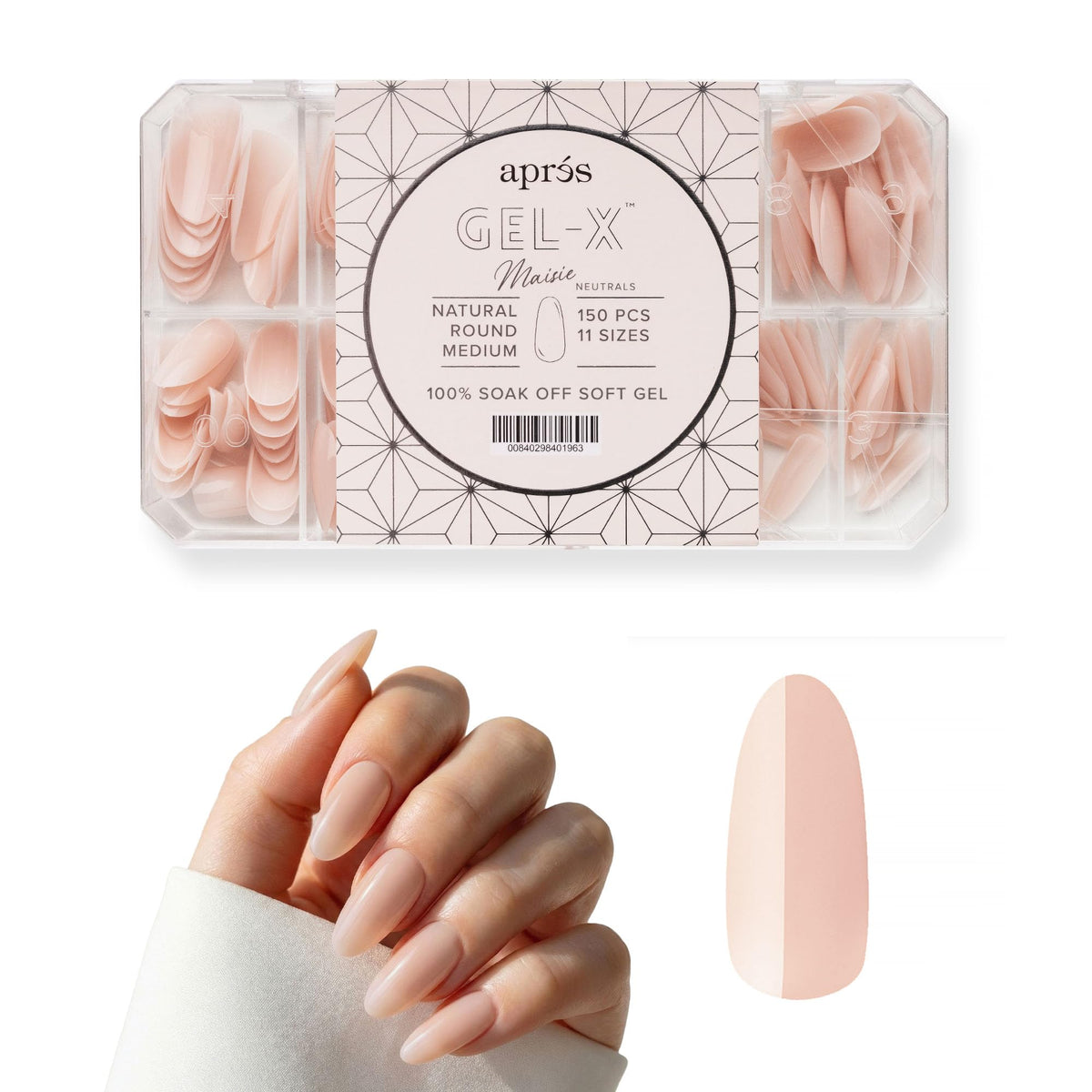 Apres Neutrals Gel-X Maisie Box Of Press On Nails, 11 Sizes 00-9, Soft Gel Nail Tip Box (150pcs) (Natural Round Medium, 150pcs)