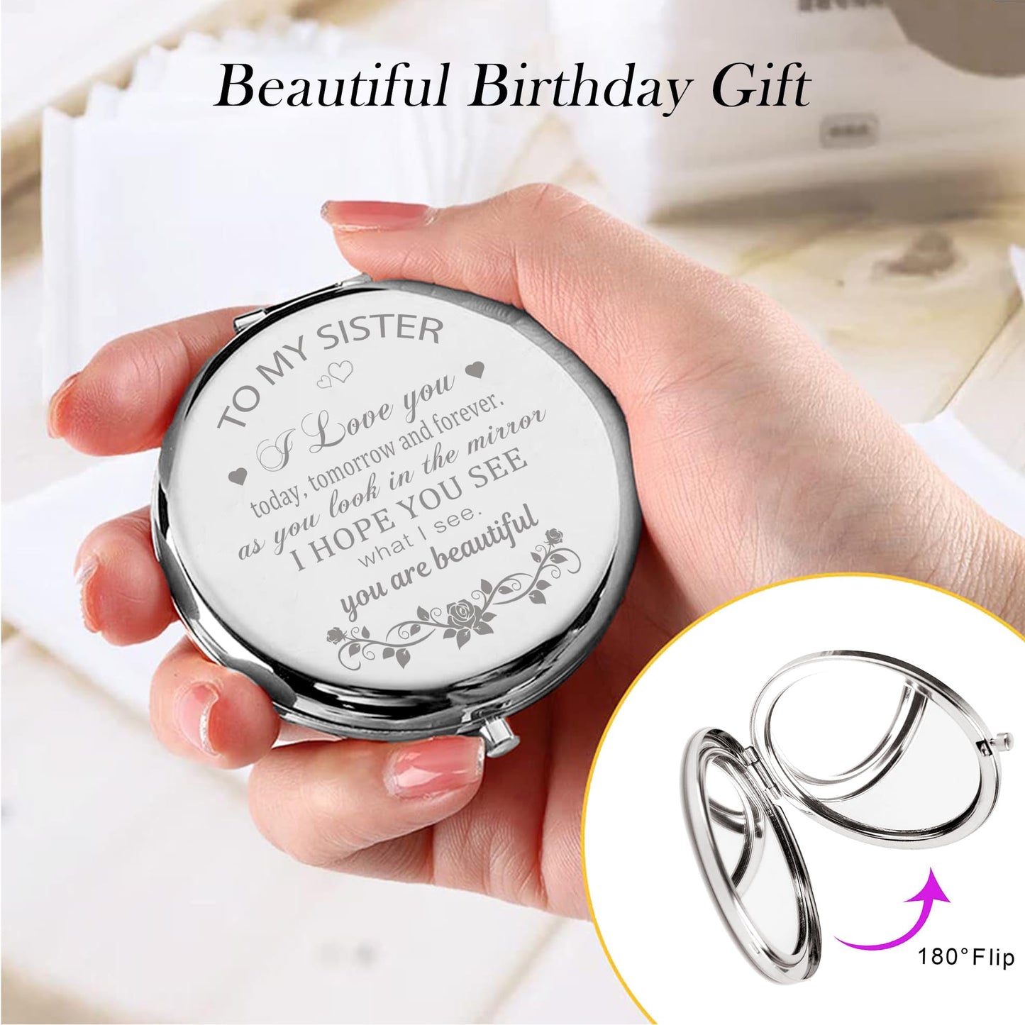GAOLZIUY Compact Mirror Gifts from Sister, Silver Compact Mirror for Big/Litter Sister, Birthday Gifts for Sister Graduation, Valentine, Mothers Day Beauty & Personal Care GAOLZIUY
