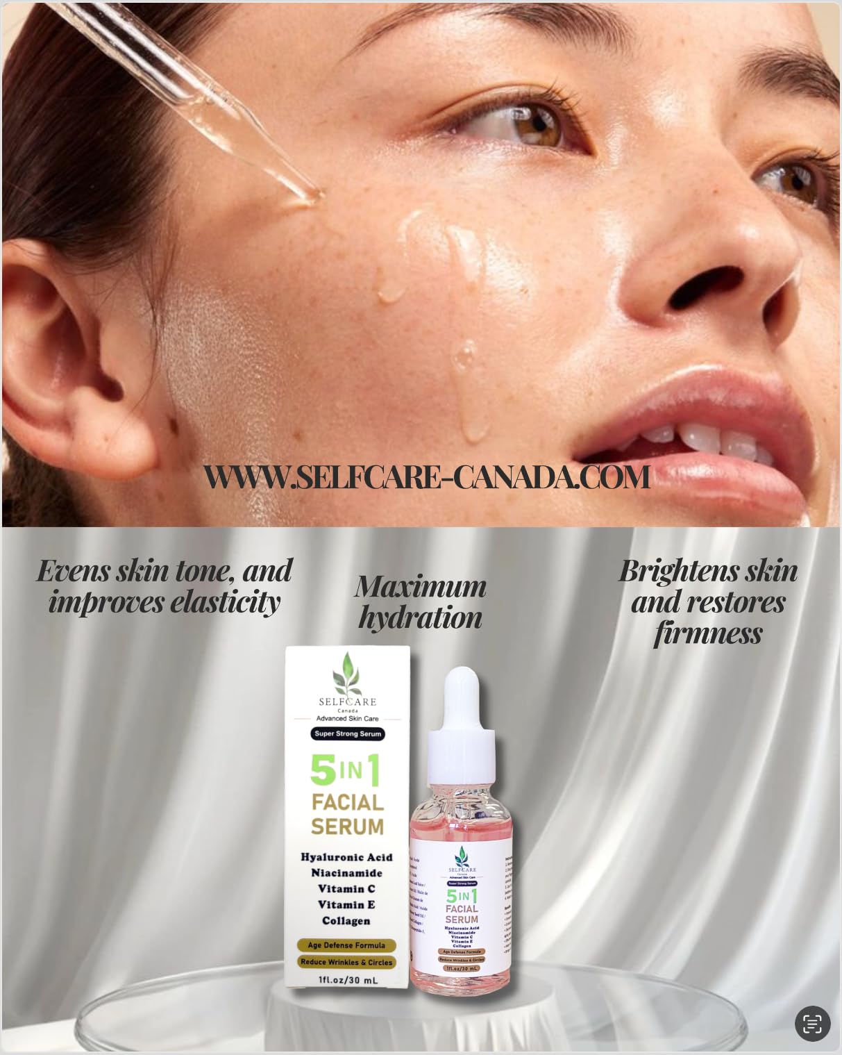 Selfcare Canada 5 in 1 Facial Serum with Hyaluronic Acid, Niacinamide, Vitamin C, Vitamin E, Collagen, 1 fl oz Beauty & Personal Care SELFCARE Canada