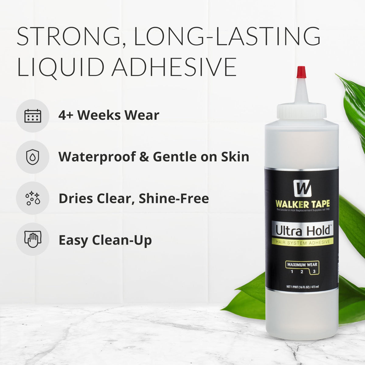 Walker Tape Ultra Hold Brush-On Adhesive 16 oz, Waterproof Wig Glue for Lace Systems and Tape in Hair Extensions Human Hair, Strong Clear-Drying