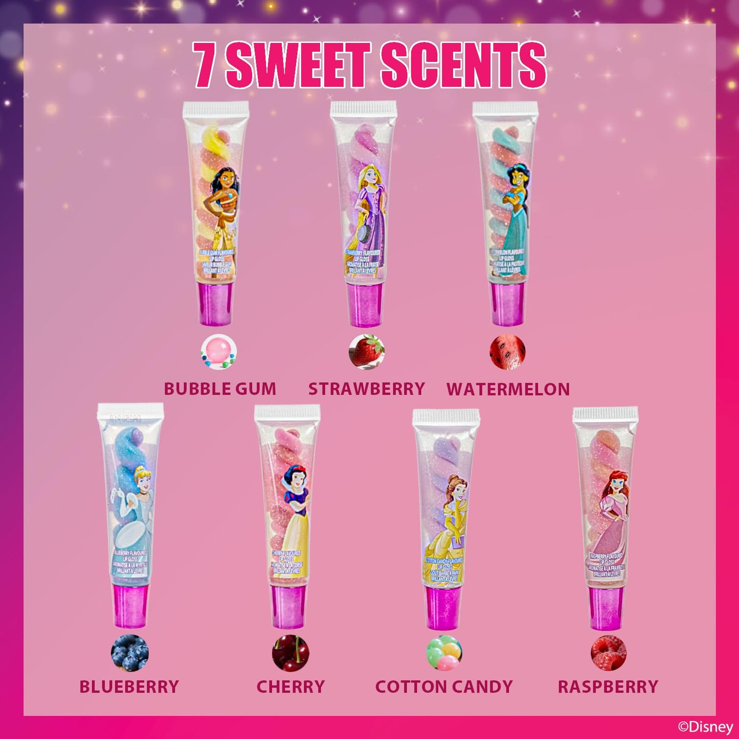 Townley Girl Disney Princess 7 Piece Swirl Lip Gloss, Girls Kids Party Favors, Lip Set for Girls, Perfect for Birthday Gifts, Plant Based, Ages 3 Beauty & Personal Care Townley Girl