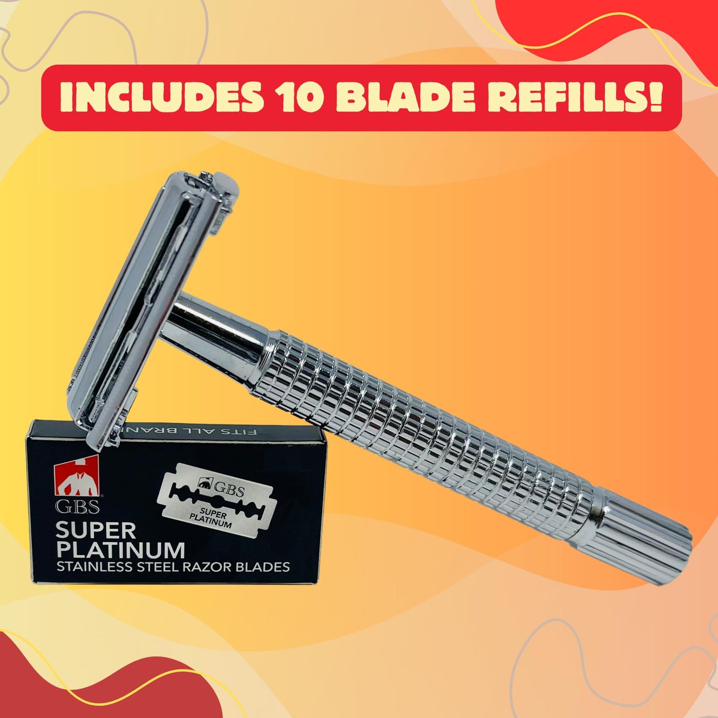 GENTS Long Handle Classic Double Edge Safety Razor - Butterfly Open Razor 10 Stainless Steel Double Edge Blade Refills - Close, Clean Shaving Razor Beauty and Personal Care G.B.S