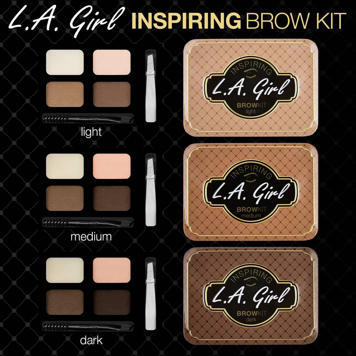 L.A. Girl Inspiring Brow Kit, Dark and Defined (Dark), Brow Wax 0.035 oz., Brow Powder 0.15 oz., Includes Tweezers and Dual Ended Brush with Spoolie