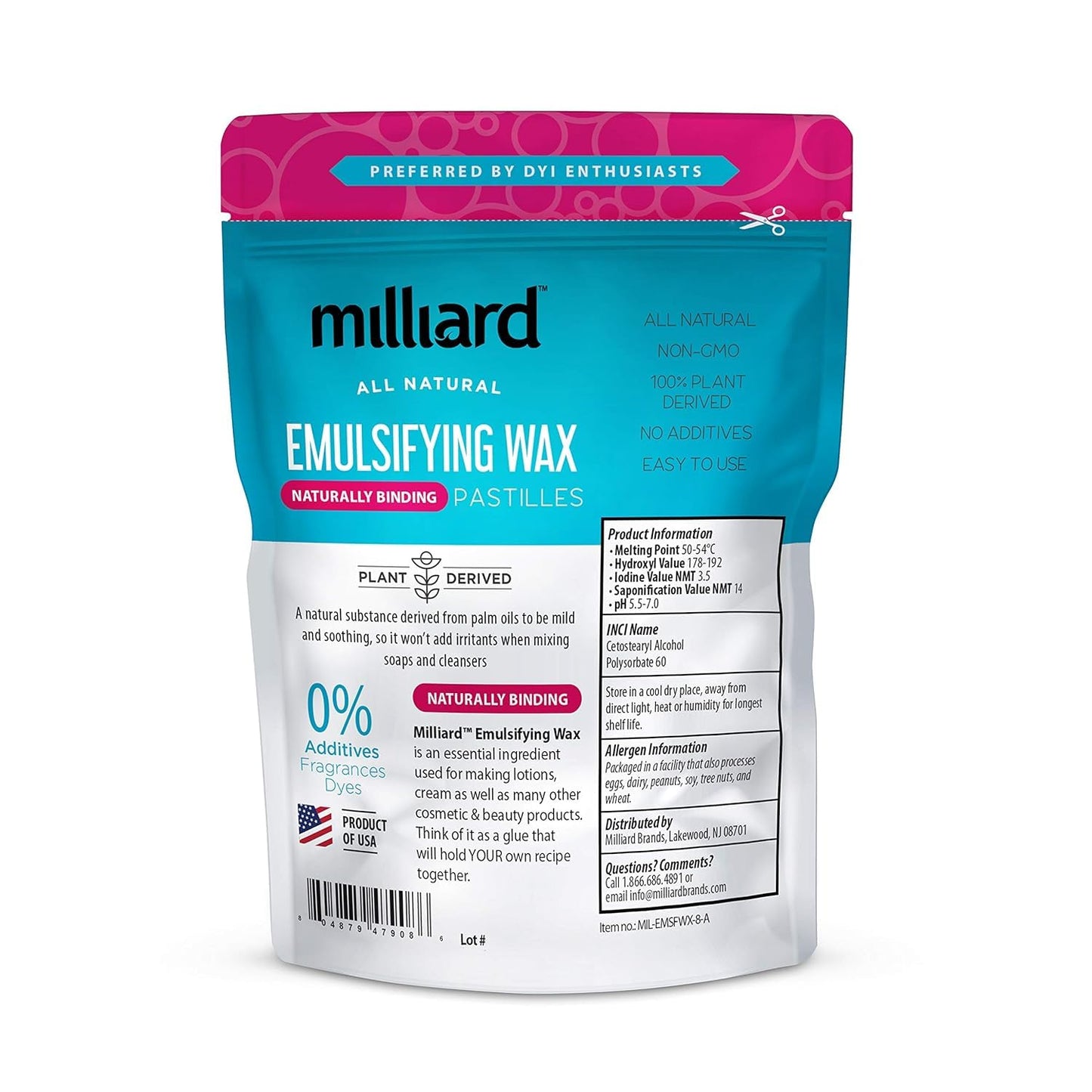 Milliard Non-GMO Emulsifying Wax NF Pastilles, Perfect for DIY, Creams, Lotions, and Soaps - 100% Natural Plant Derived (8 Oz) Beauty & Personal Care Milliard