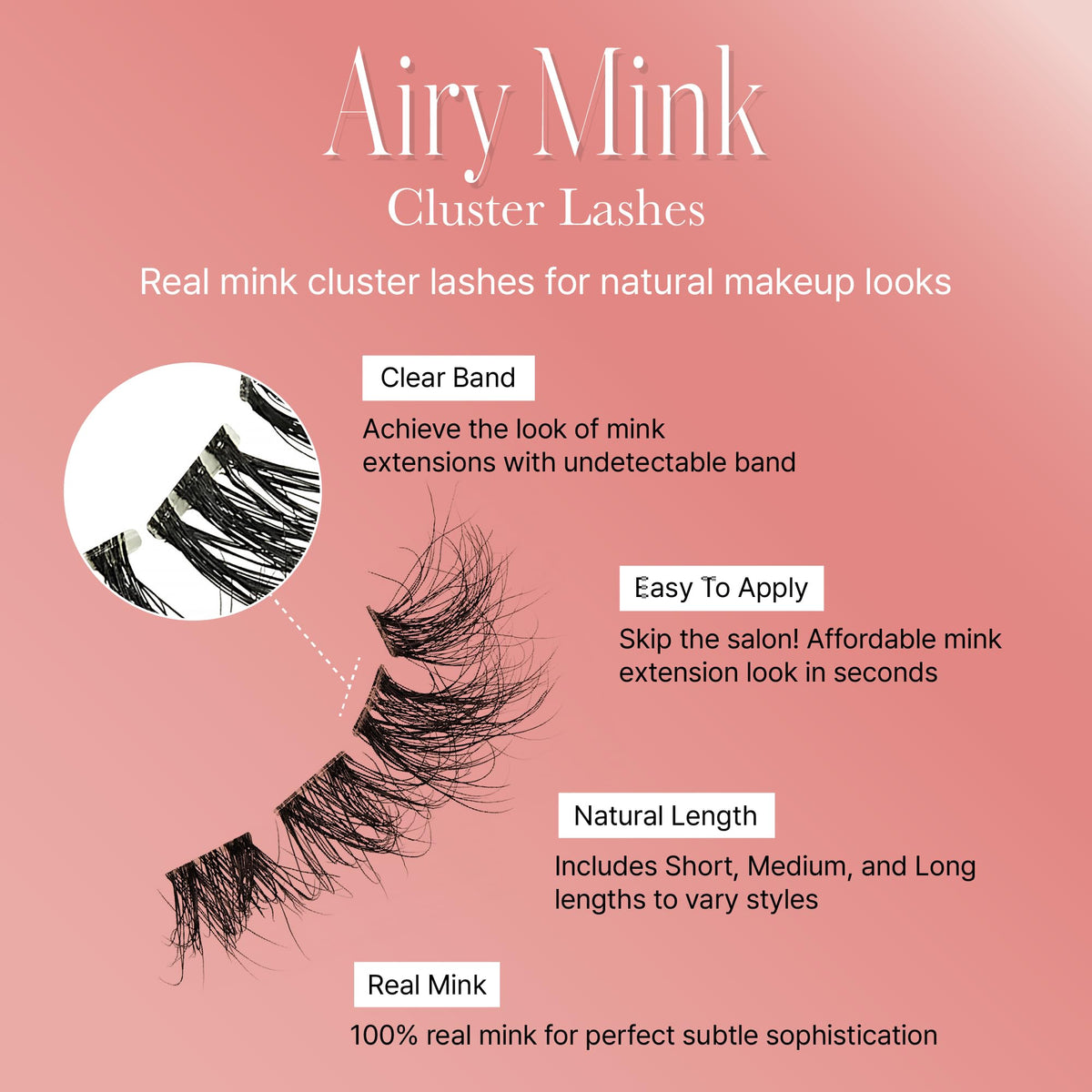 VLuxe Airy Mink Lash Cluster, 100% Real Mink False Eyelash Extension, Lightweight Clear Invisible Band for Natural Look, DIY Customizable Multi-Length