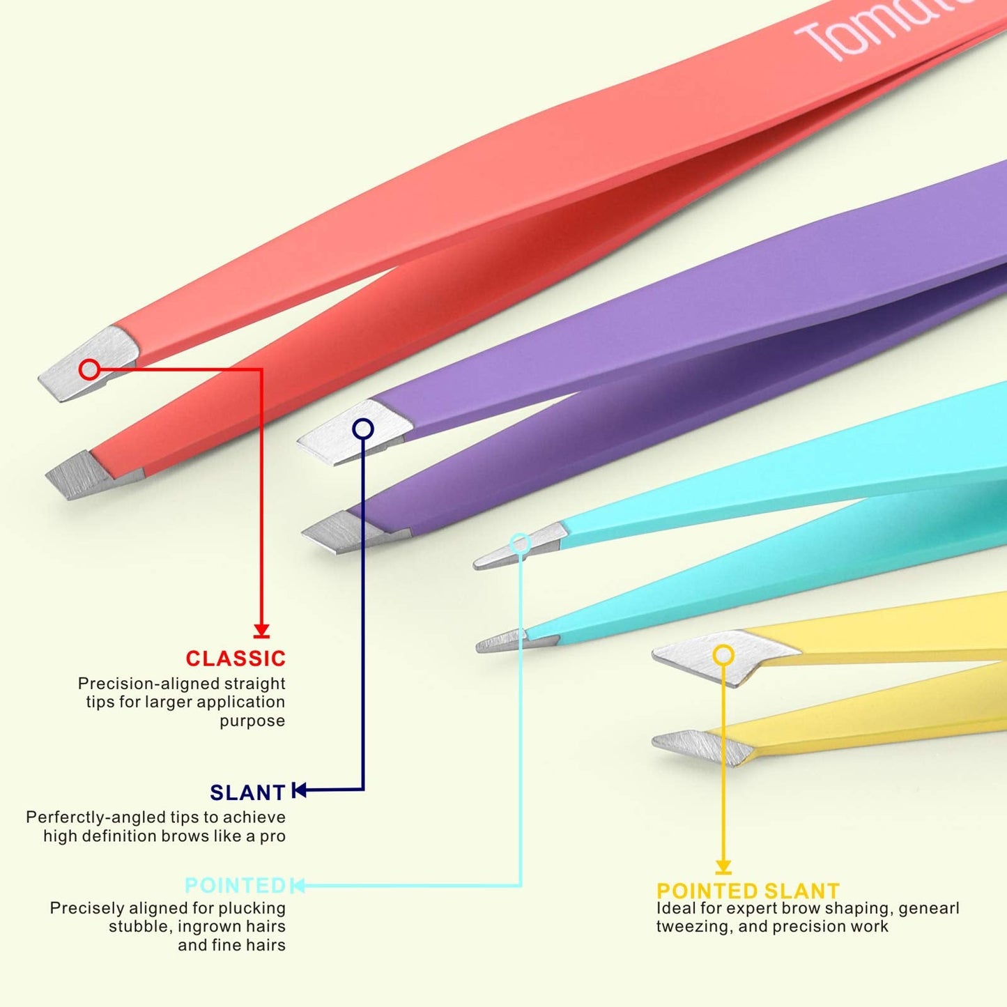 Tomata Tweezers for Eyebrows, Slant Tip and Pointed Eyebrow Tweezer Set Great Precision for Eyebrows Facial Hair, Ingrown Hair, Splinter, Blackhead Beauty & Personal Care Tomata