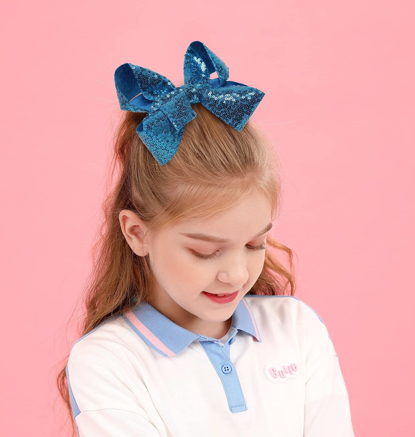 AMYDECOR 6 Inch Blue Sparkly Glitter Sequin Hair Bows for Girls Toddlers Kids Children Teenage (2PCS) Beauty & Personal Care AMYDECOR