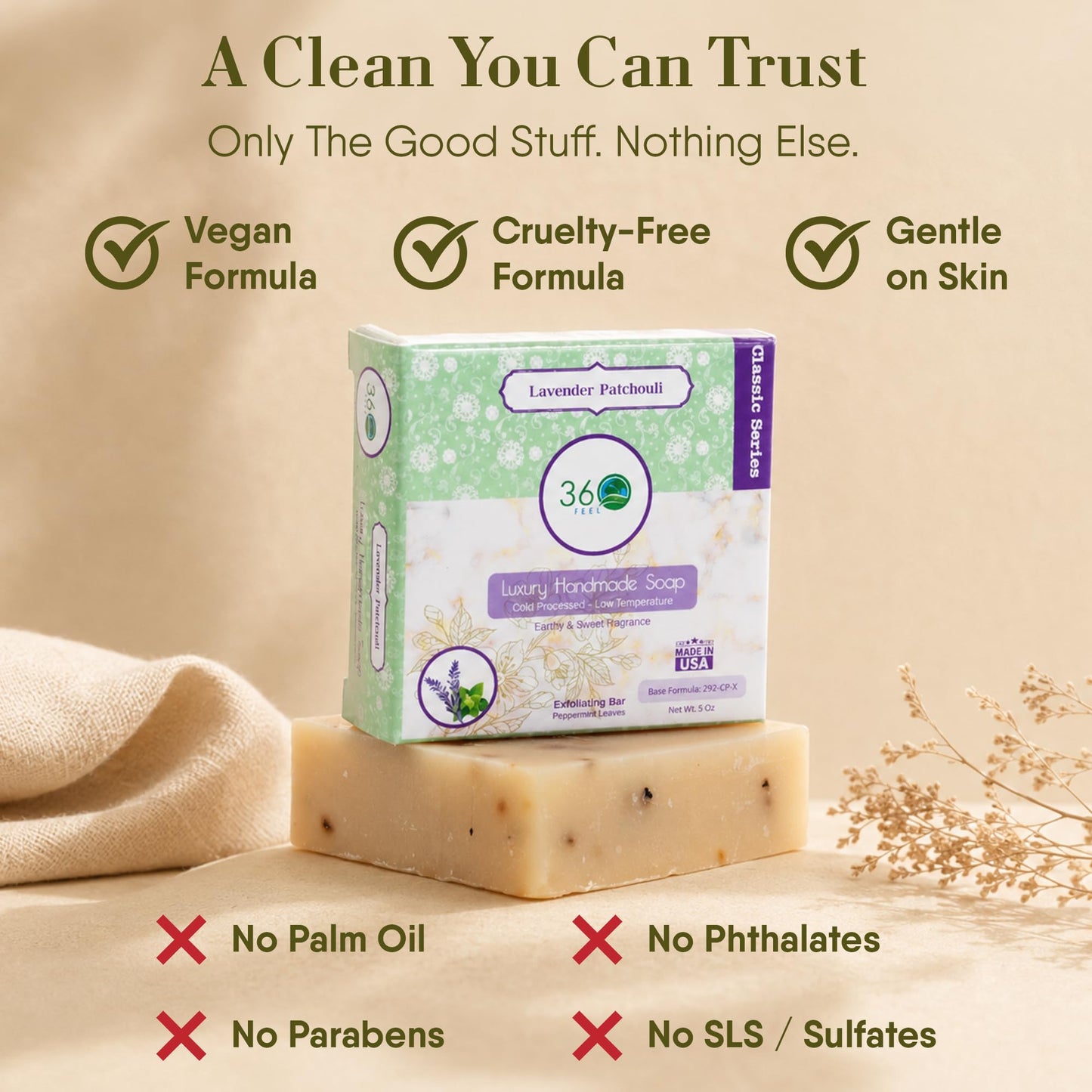 360Feel Lavender Patchouli Soap - Made in the USA - Castile Handmade, All-Natural, Cold-Processed - Infused with Lavender & Patchouli Scent Beauty & Personal Care 360Feel