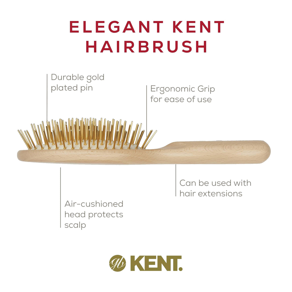 Kent ZZ Gold Plated Pin Rubber Cushion Detangler Brush for Detangling and Smoothing, Limited Edition Oval Paddle Hair Brush for Medium to Long Hair