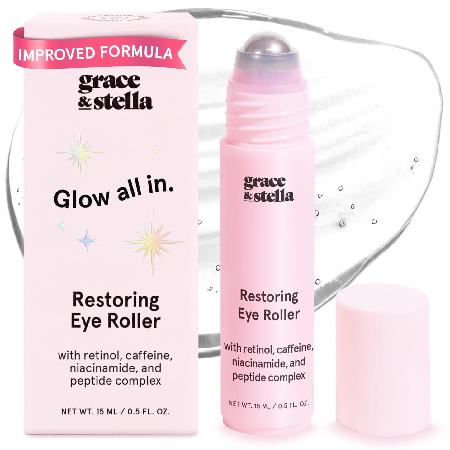 grace & stella Under Eye Brightener Roller - Airplane Travel Essentials - Travel Size Toiletries - Retinol & Caffeine Eye Serum for Puffiness, Dark Beauty & Personal Care grace & stella