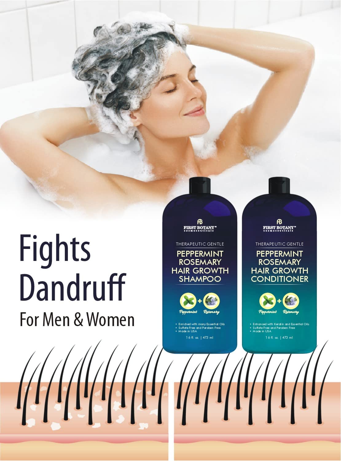 First Botany, Peppermint Rosemary Hair Regrowth and Anti Hair Loss Shampoo and Conditioner Set - Daily Hydrating, Detoxifying, Volumizing Shampoo Beauty & Personal Care First Botany