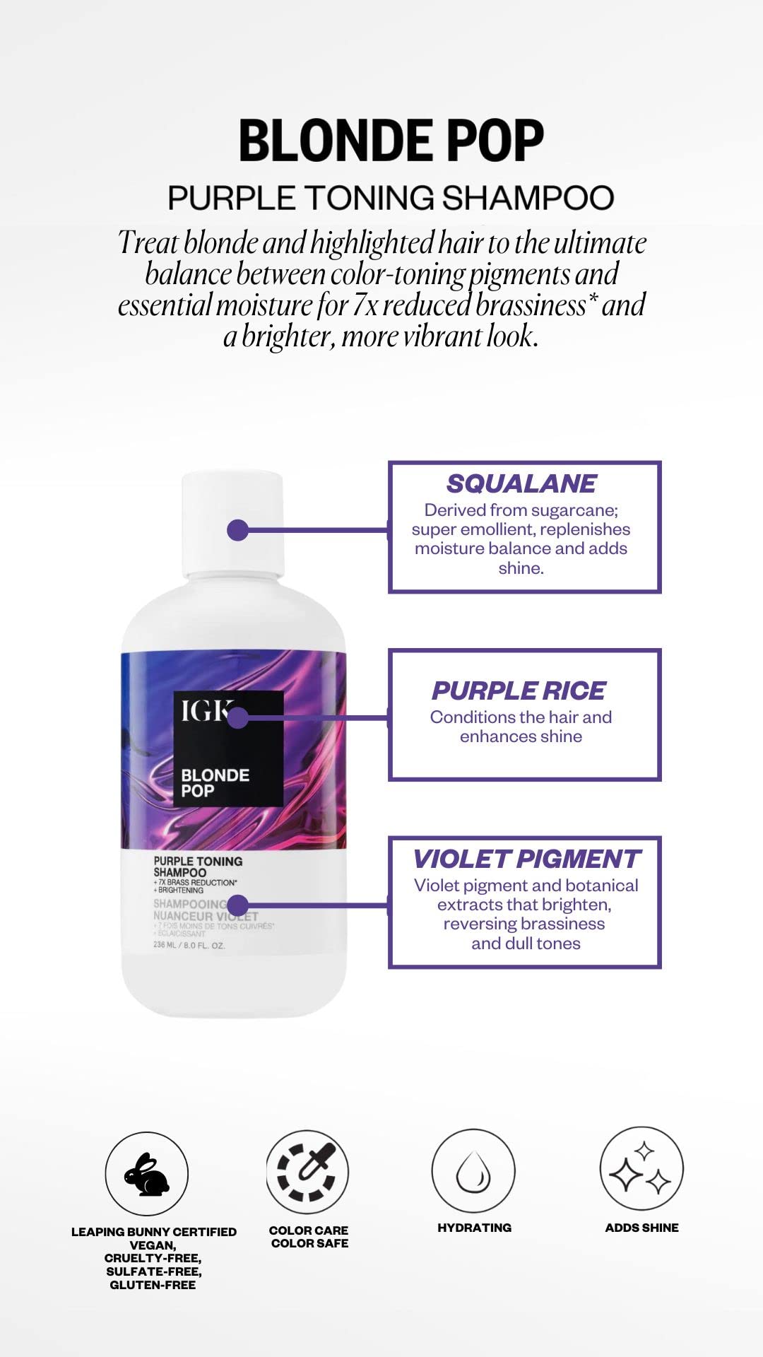 IGK BLONDE POP Purple Toning Shampoo Liter | Brighten + Neutralize Brass | Vegan + Cruelty Free | 33.8 Oz Beauty & Personal Care IGK