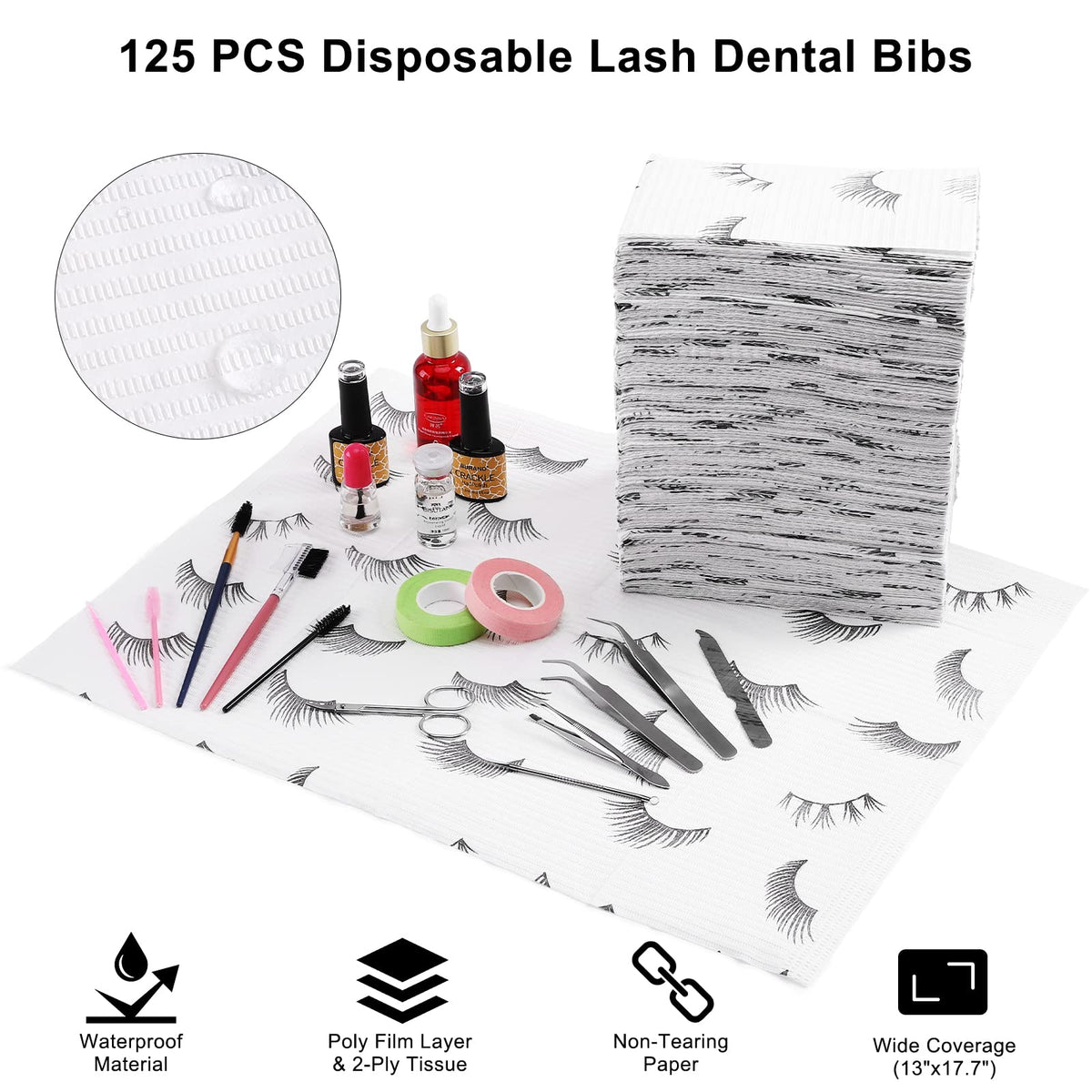 PRASNE Lashing Dental Bibs Disposable Pack of 125, Lash Pillow Cover of Lash Supplies, White 3-Ply Paper Poly Waterproof Towels, 13” x 18”, Black Beauty & Personal Care PRASNE