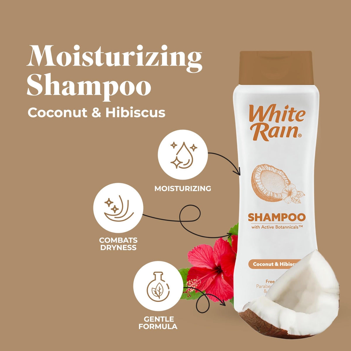 White Rain Moisturizing Shampoo - Coconut & Hibiscus Scent, Pack of 2 (15 fl oz Each), Hydrating Shampoo for Women & Men, Paraben-Free & Cruelty-Free