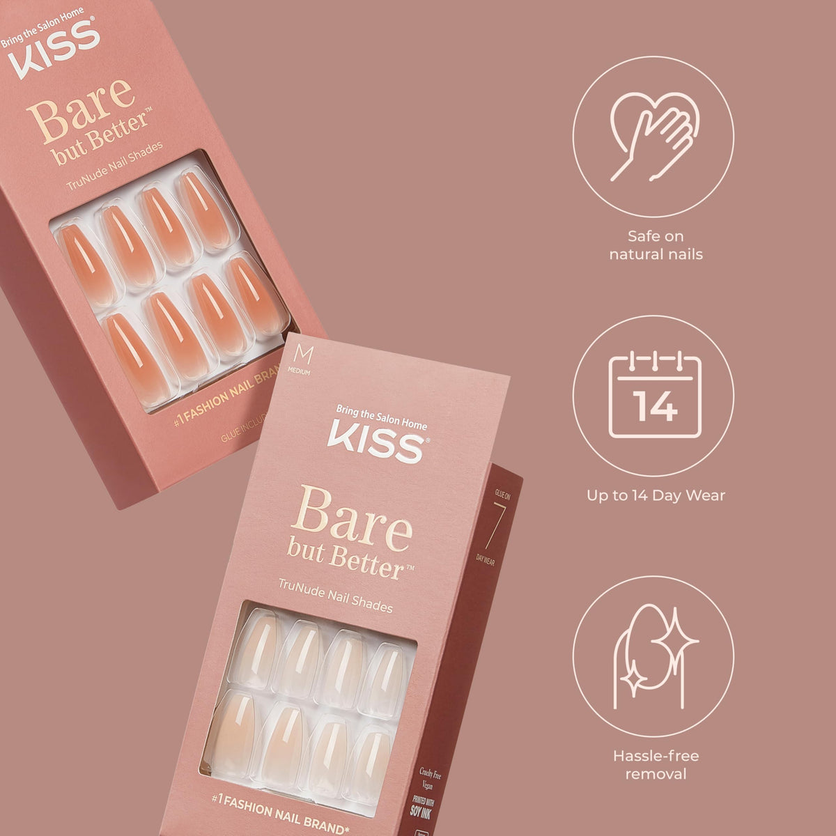KISS Bare but Better, Press On Nails, Nail glue included, 'Nude Nude', Color, Medium Size, Coffin Shape, Includes 28 Nails, 2g glue, 1 Manicure Stick